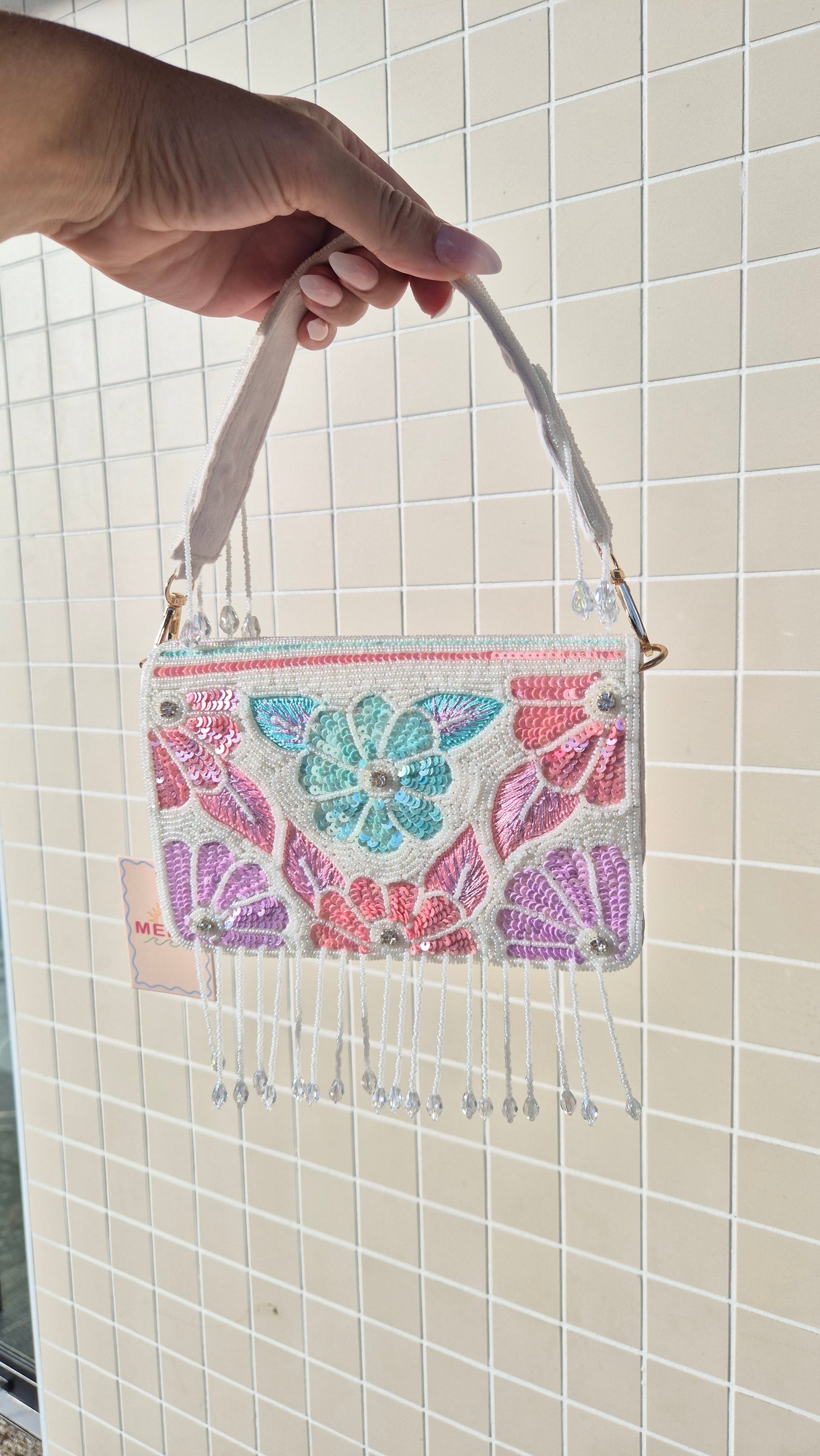 Flower Tassel Sequin Beaded Handbag White