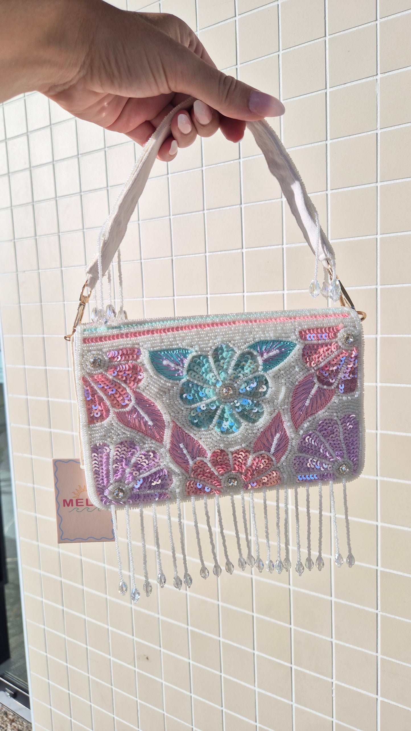 Flower Tassel Sequin Beaded Handbag White