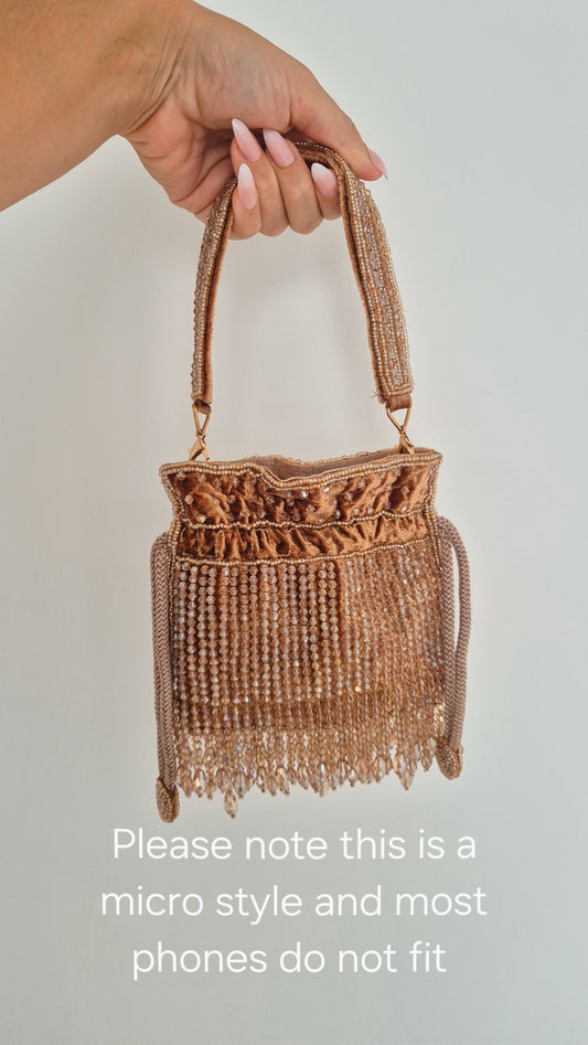 Mocha Micro Tassel Potli Embellished Beaded Handbag