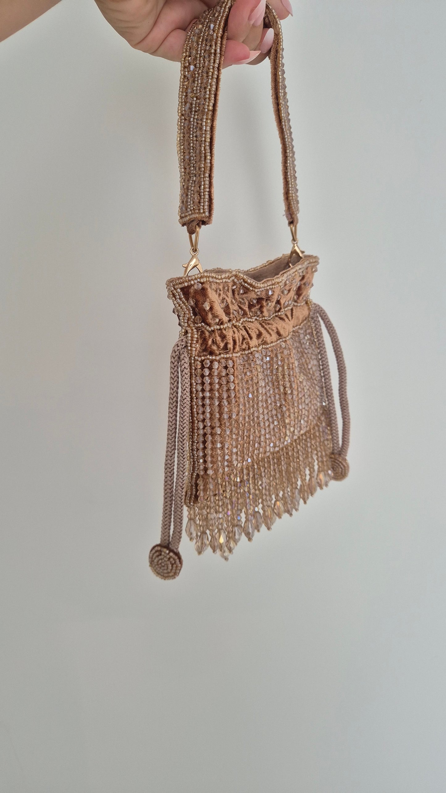 Mocha Micro Tassel Potli Embellished Beaded Handbag