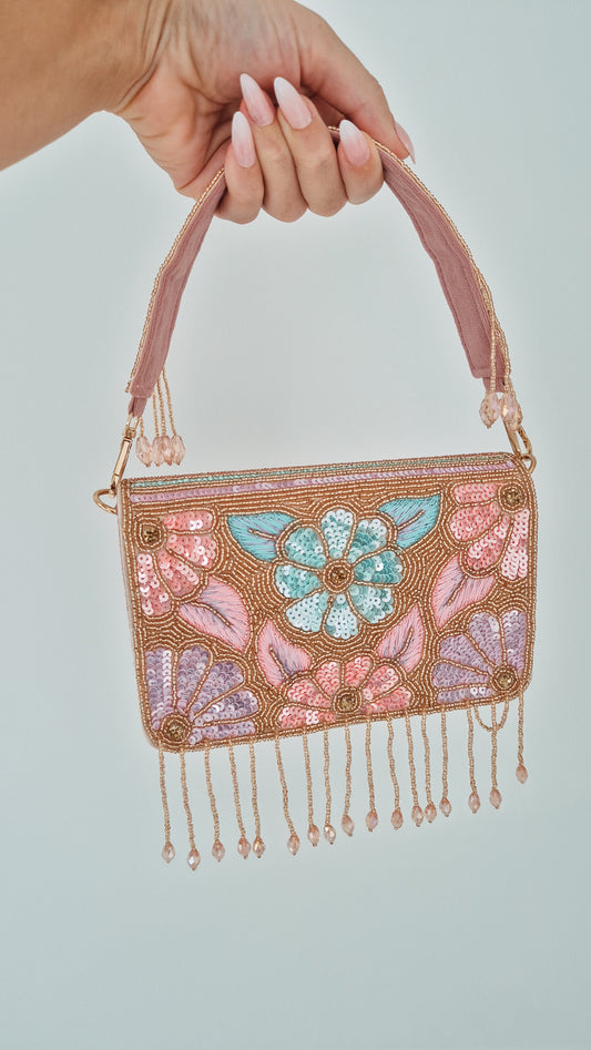 Handbag Flower Tassel Sequin Pink Beaded Bag