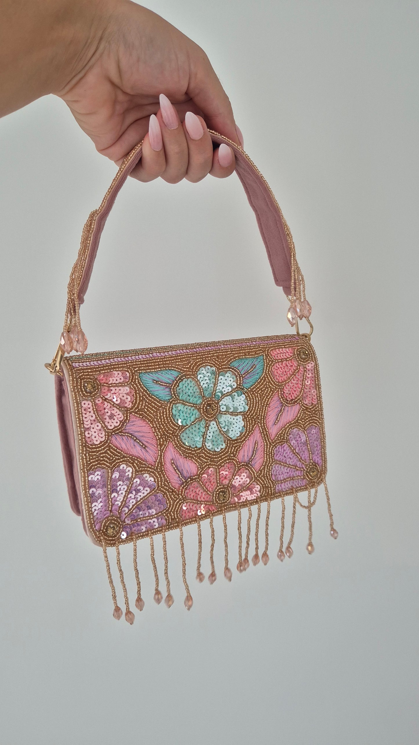 Handbag Flower Tassel Sequin Pink Beaded Bag