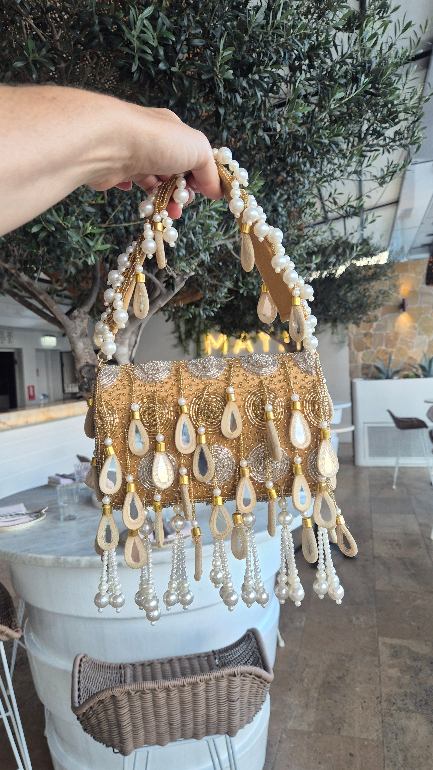 Handbag Beaded Tassel Embellished Champagne Gold Bag
