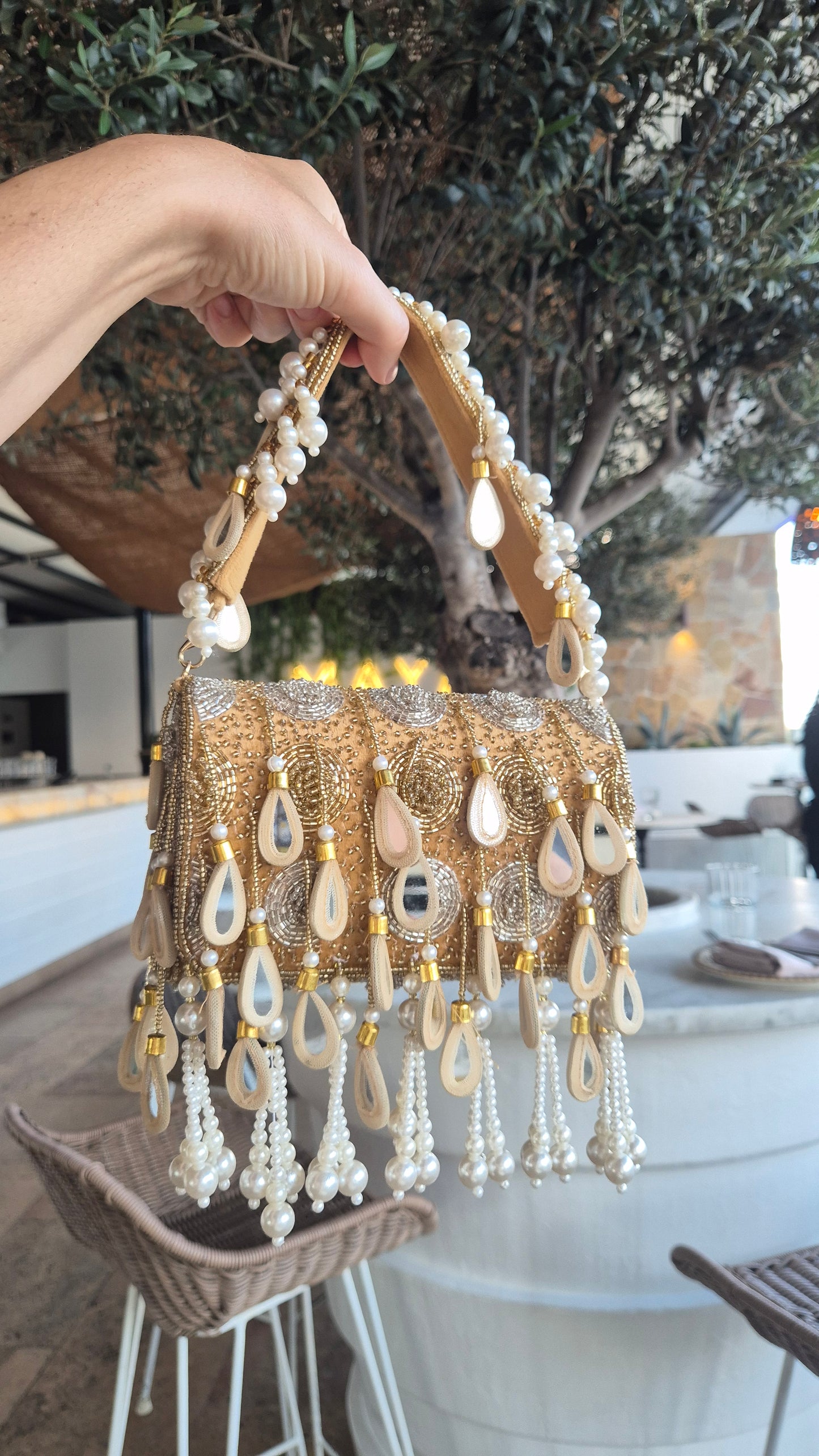 Handbag Beaded Tassel Embellished Champagne Gold Bag