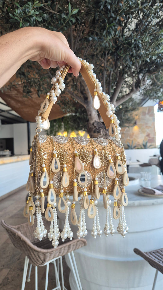 Handbag Beaded Tassel Embellished Champagne Gold Bag