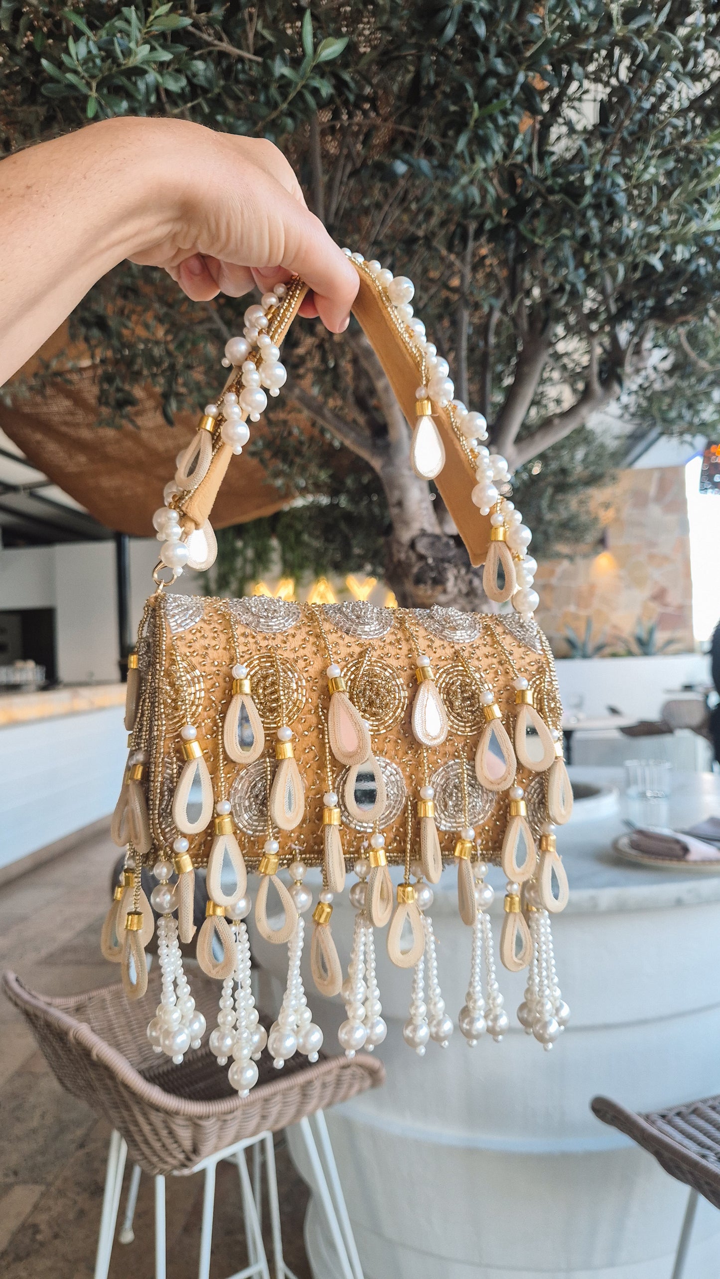 Handbag Beaded Tassel Embellished Champagne Gold Bag