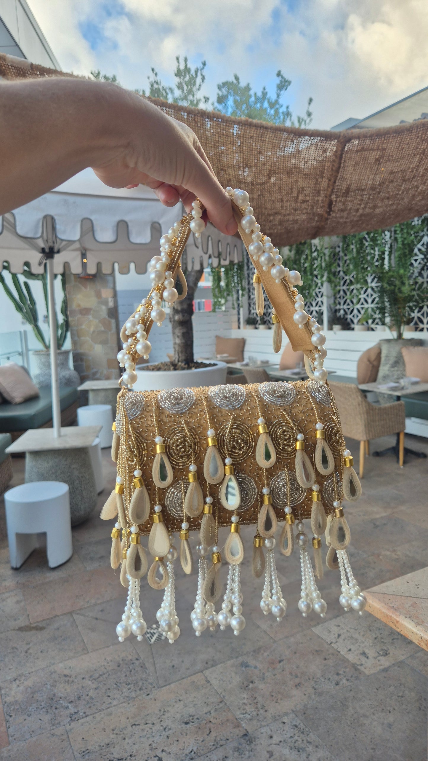 Handbag Beaded Tassel Embellished Champagne Gold Bag