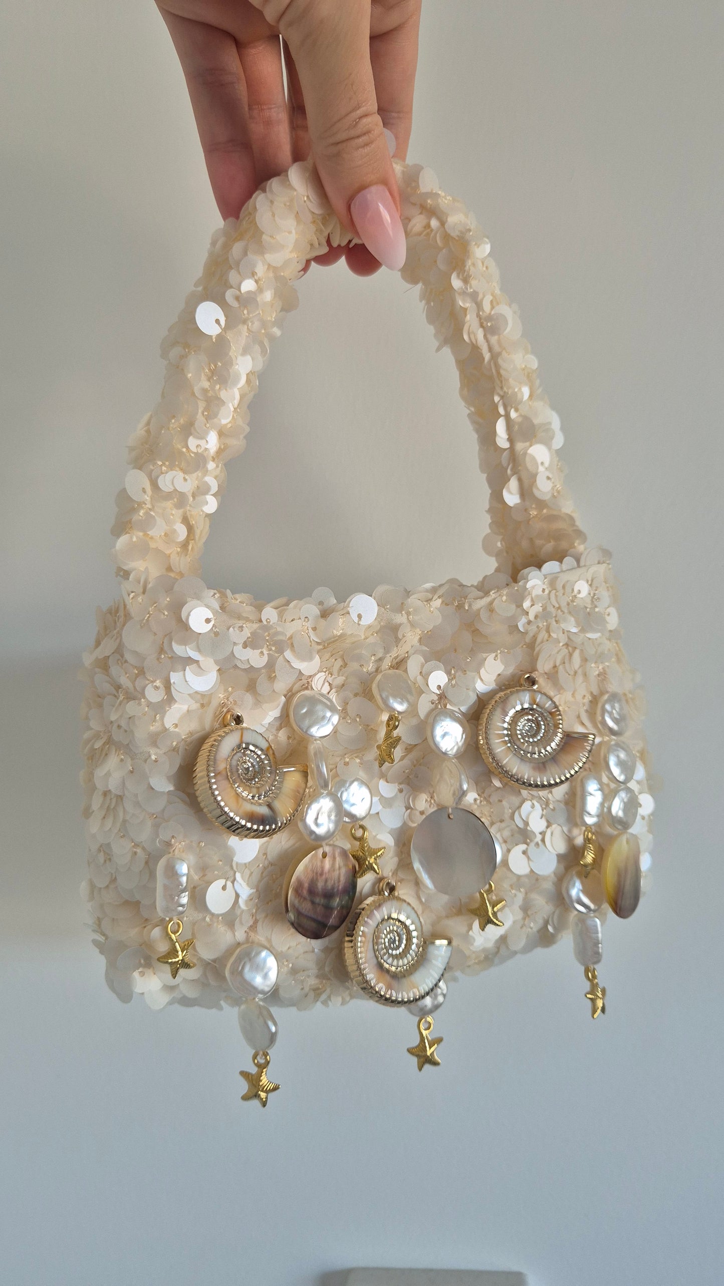 Handbag Tassel Charm Shell Pearl Unique Hand Customized One Off Bag