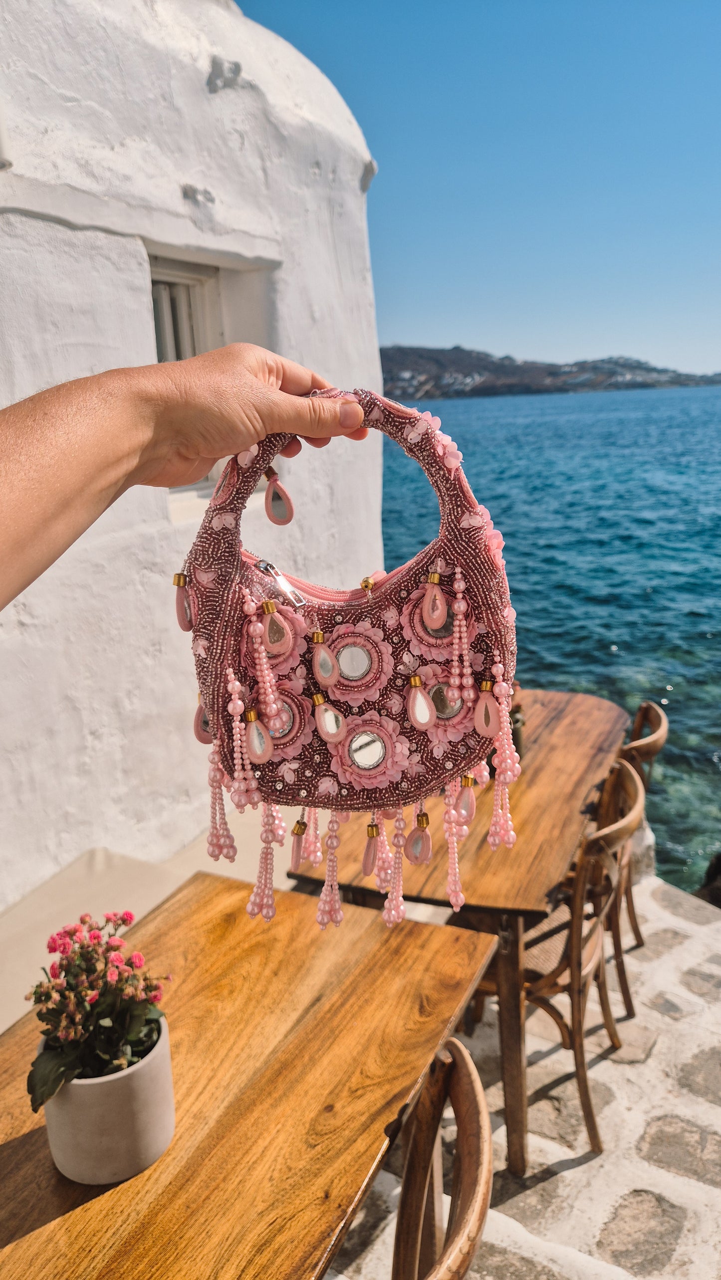 Handbag Mirror Tassle Embellished Bag Pink