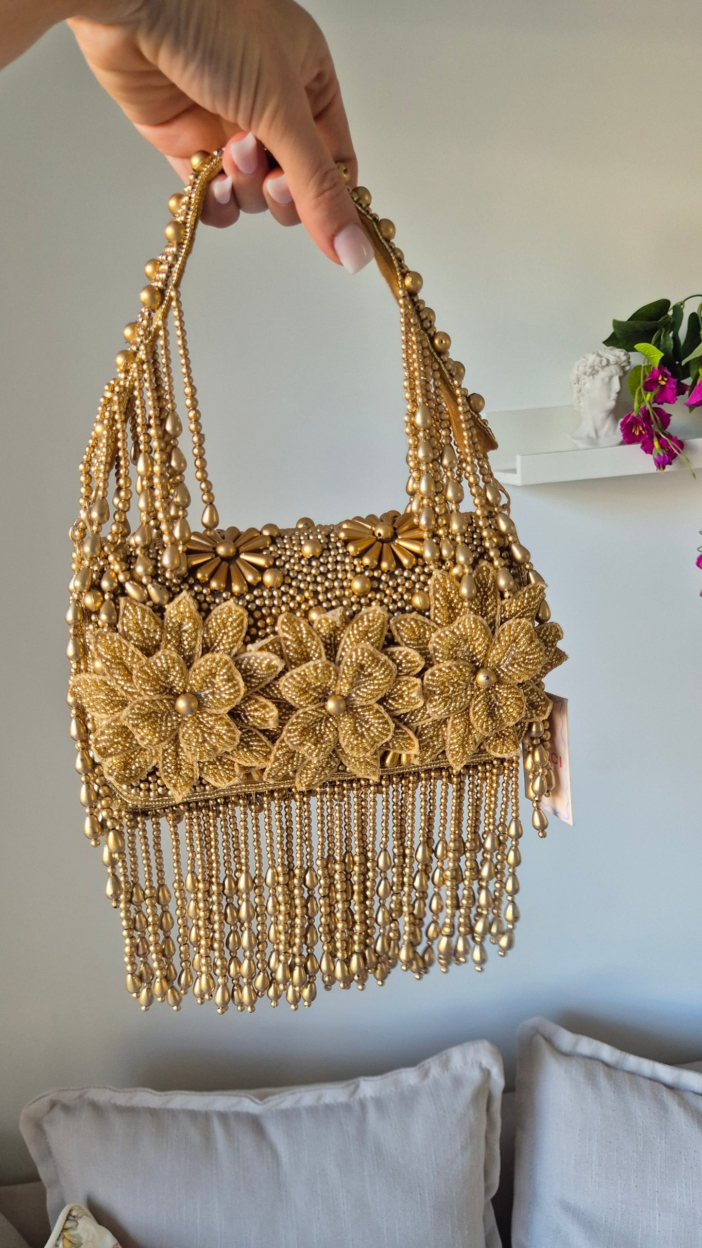 Handbag Flower Heavily Beaded Bag Mocha