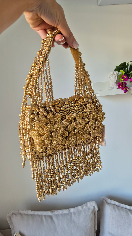 Handbag Flower Heavily Beaded Bag Mocha