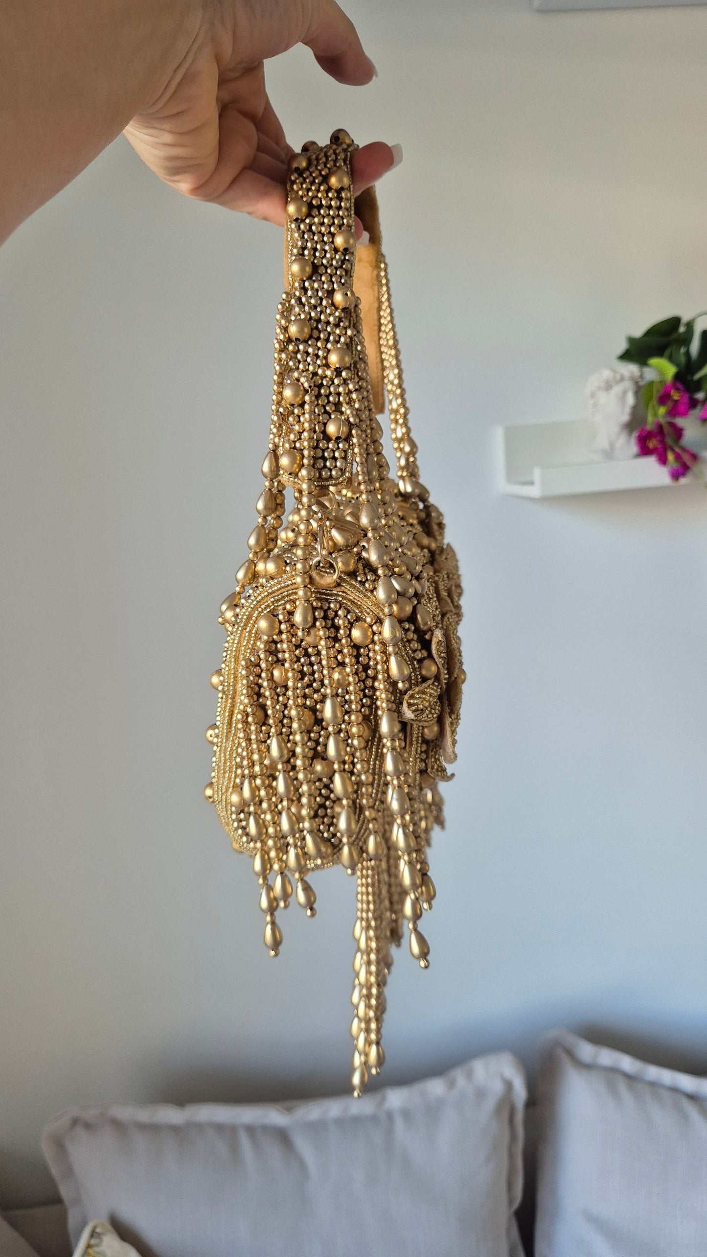 Handbag Flower Heavily Beaded Bag Mocha