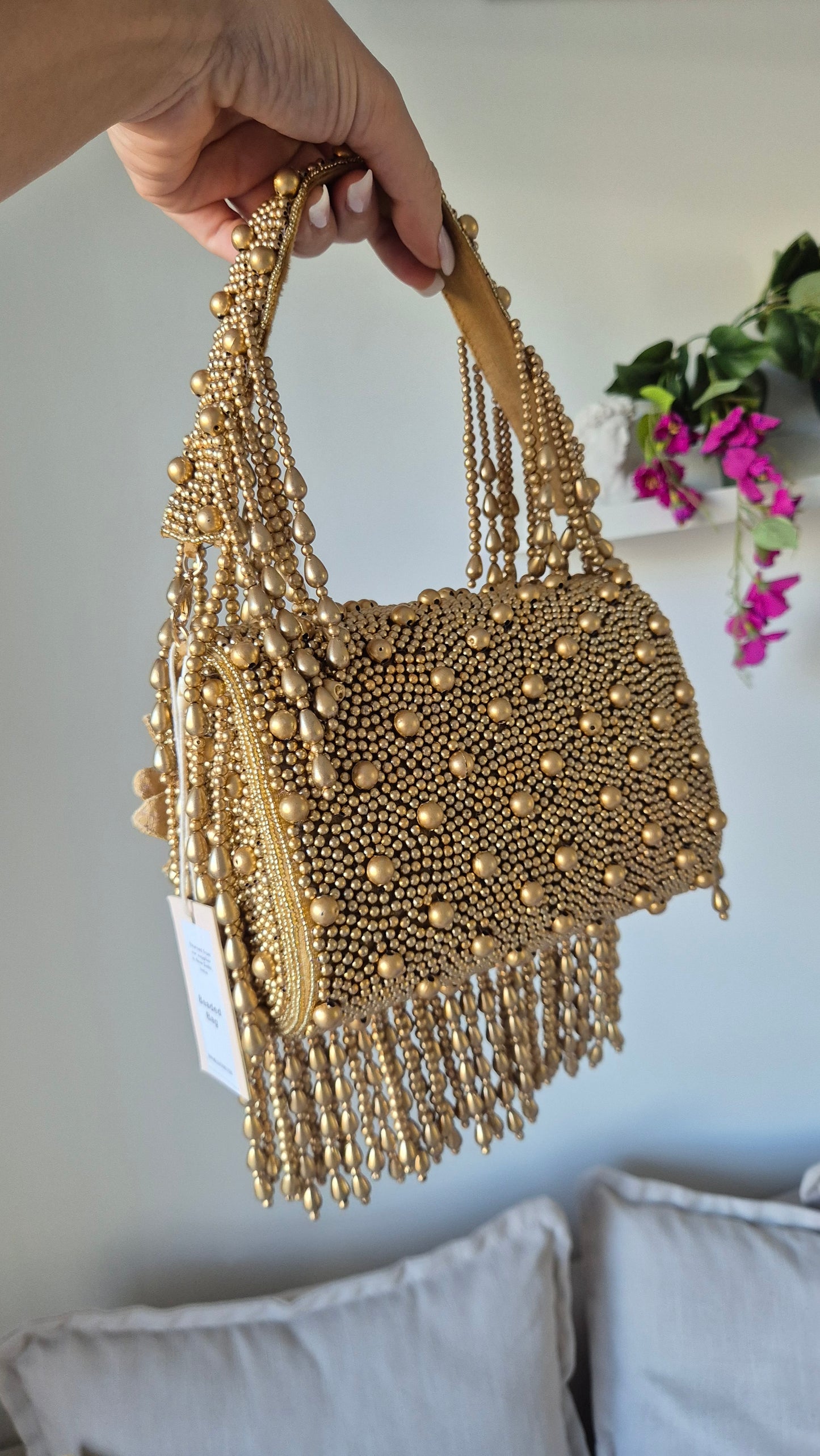 Handbag Flower Heavily Beaded Bag Mocha