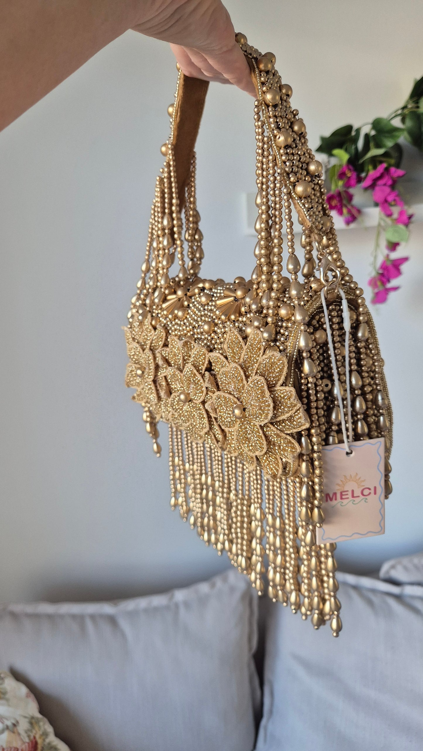 Handbag Flower Heavily Beaded Bag Mocha