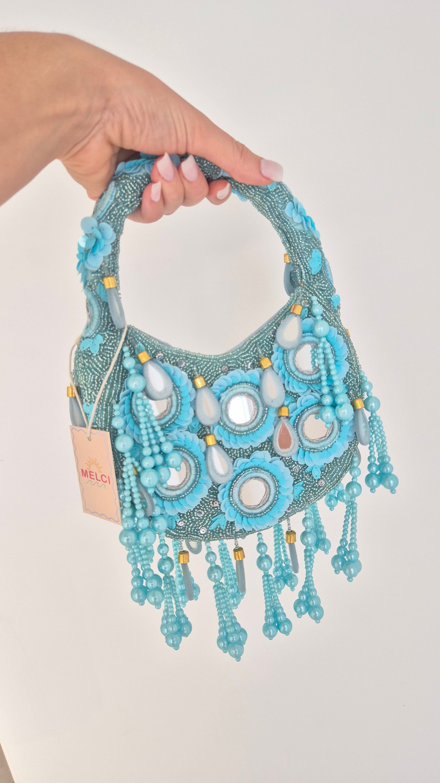 Handbag Mirror Tassel Embellished Bag Aqua