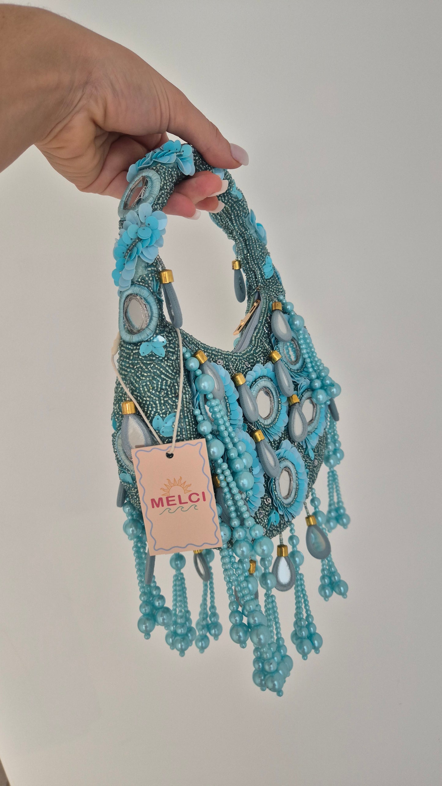 Handbag Mirror Tassel Embellished Bag Aqua