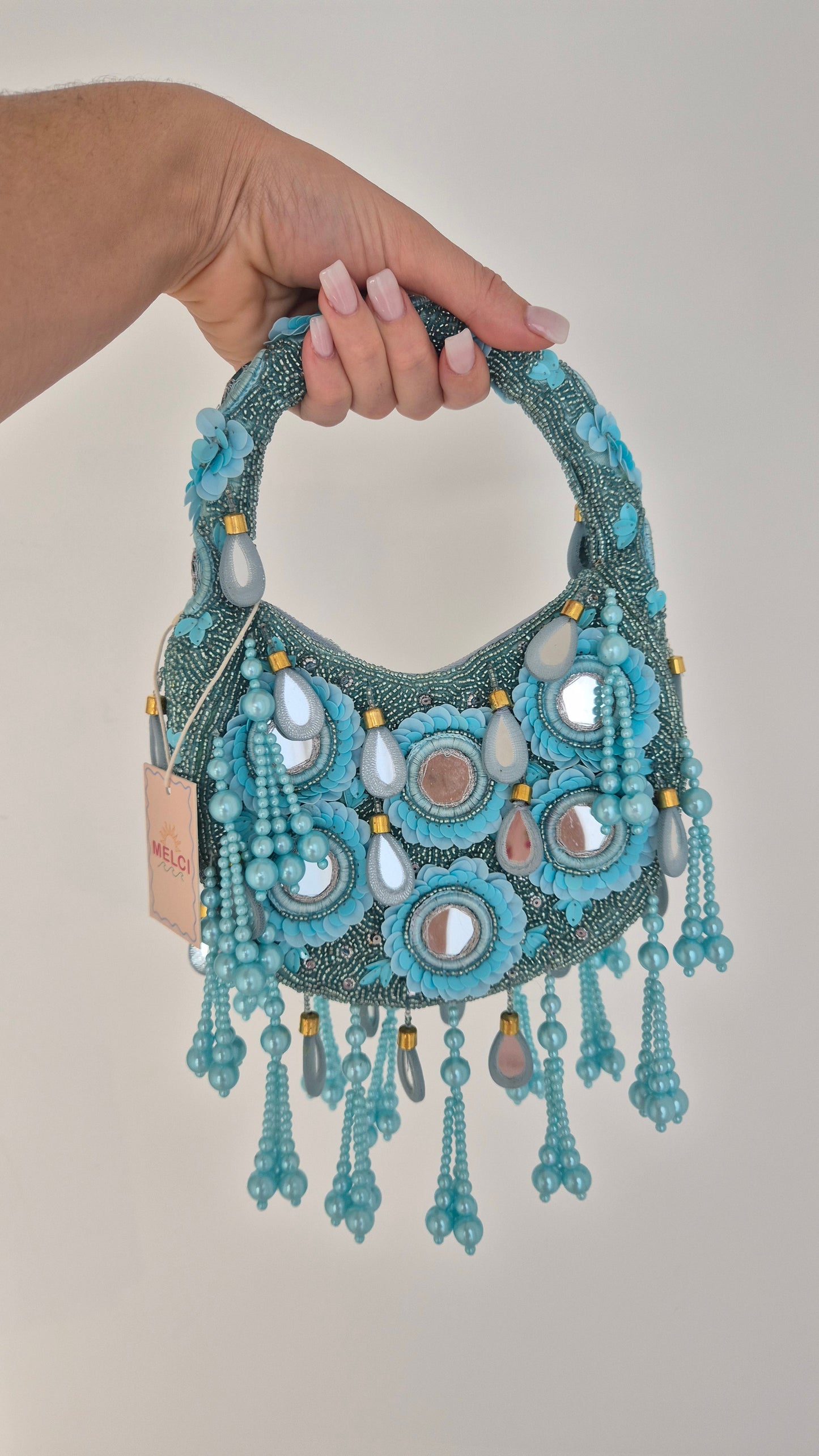 Handbag Mirror Tassel Embellished Bag Aqua