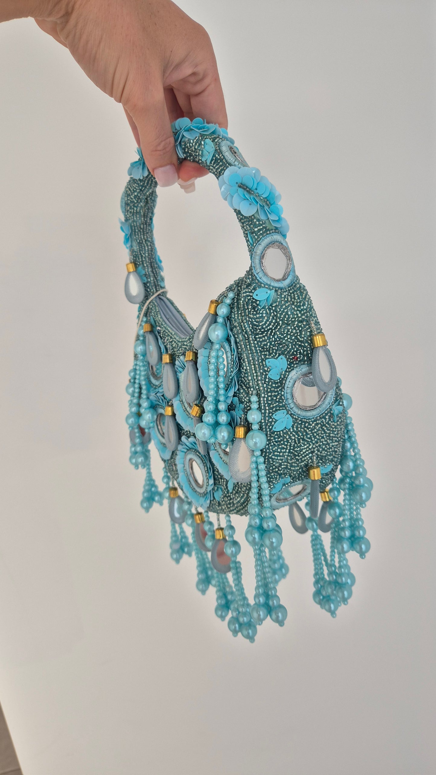 Handbag Mirror Tassel Embellished Bag Aqua