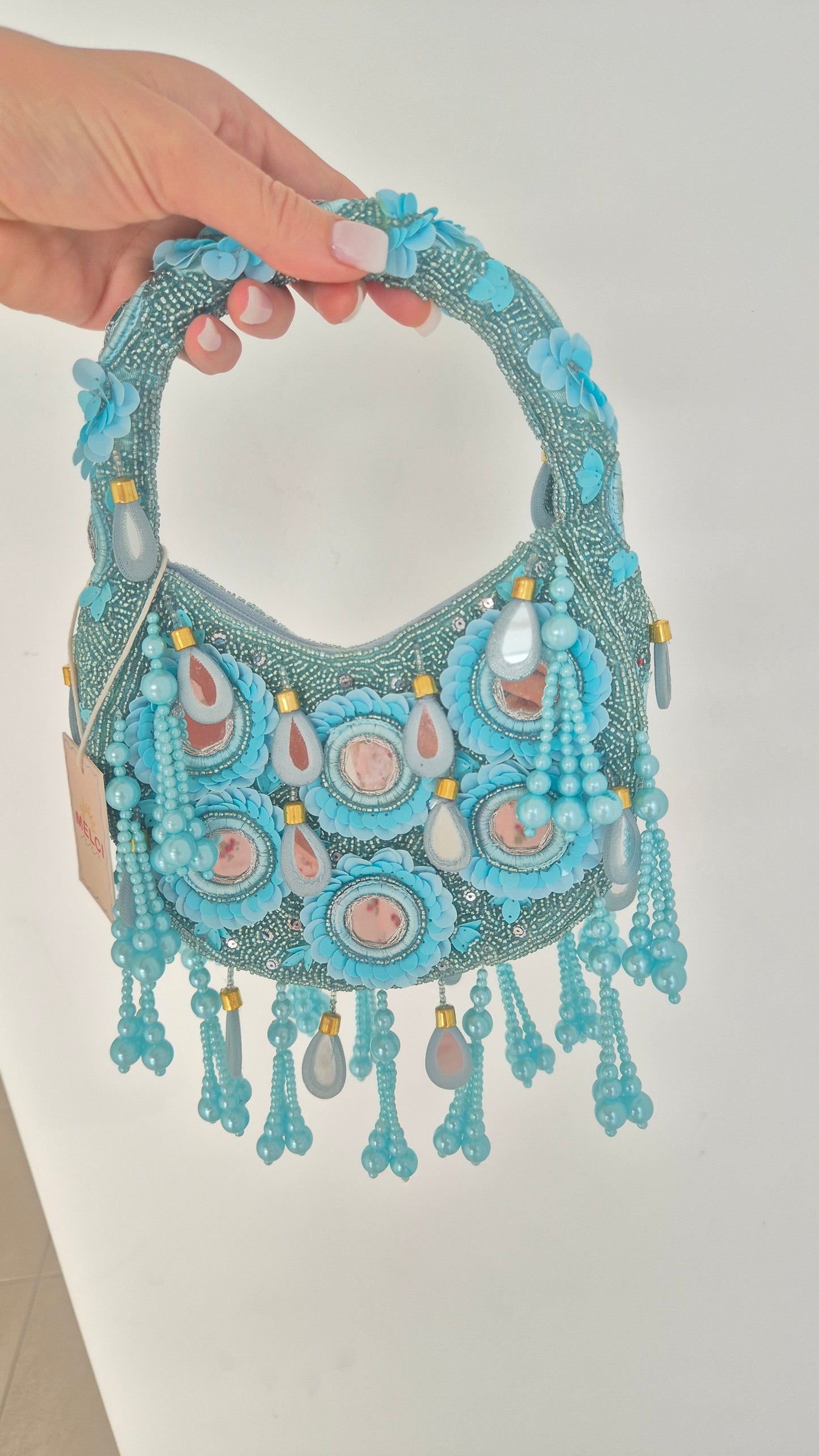 Handbag Mirror Tassel Embellished Bag Aqua