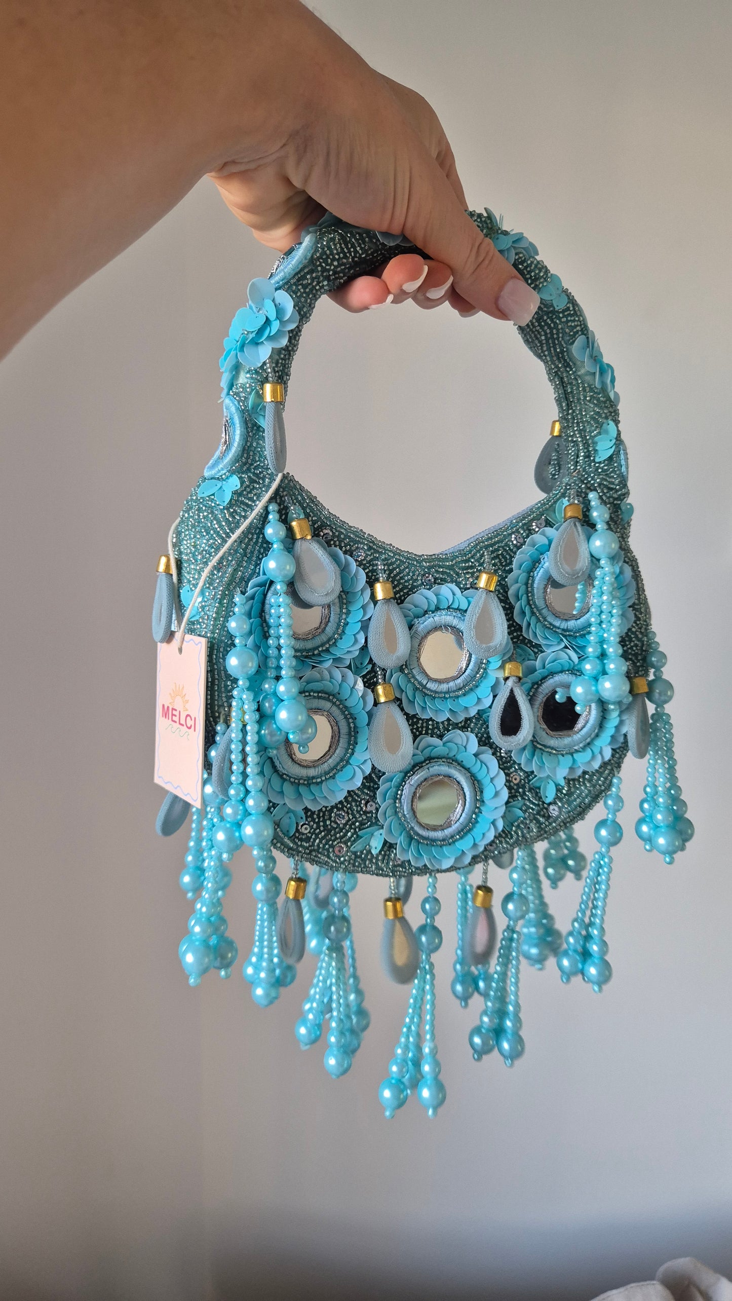 Handbag Mirror Tassel Embellished Bag Aqua