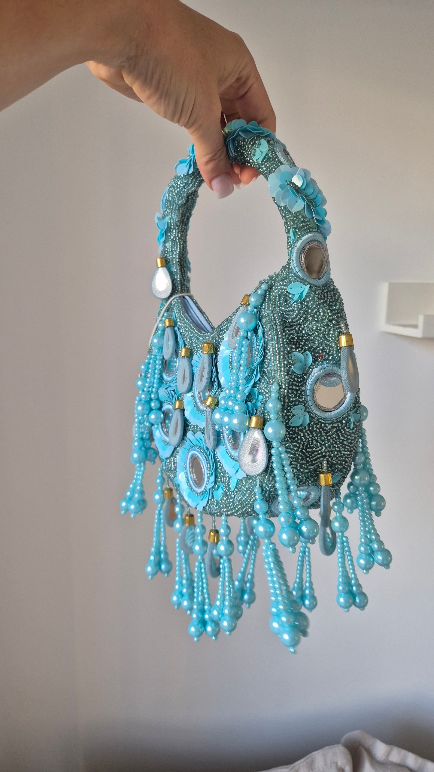 Handbag Mirror Tassel Embellished Bag Aqua