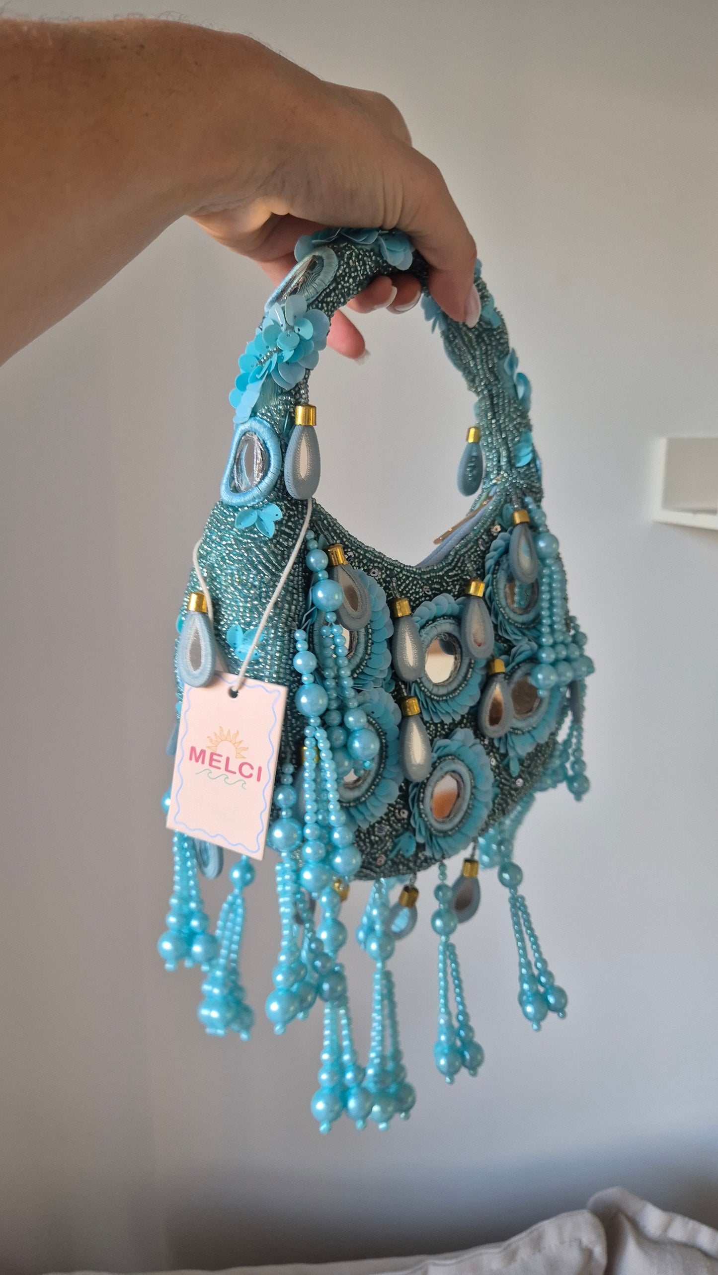 Handbag Mirror Tassel Embellished Bag Aqua