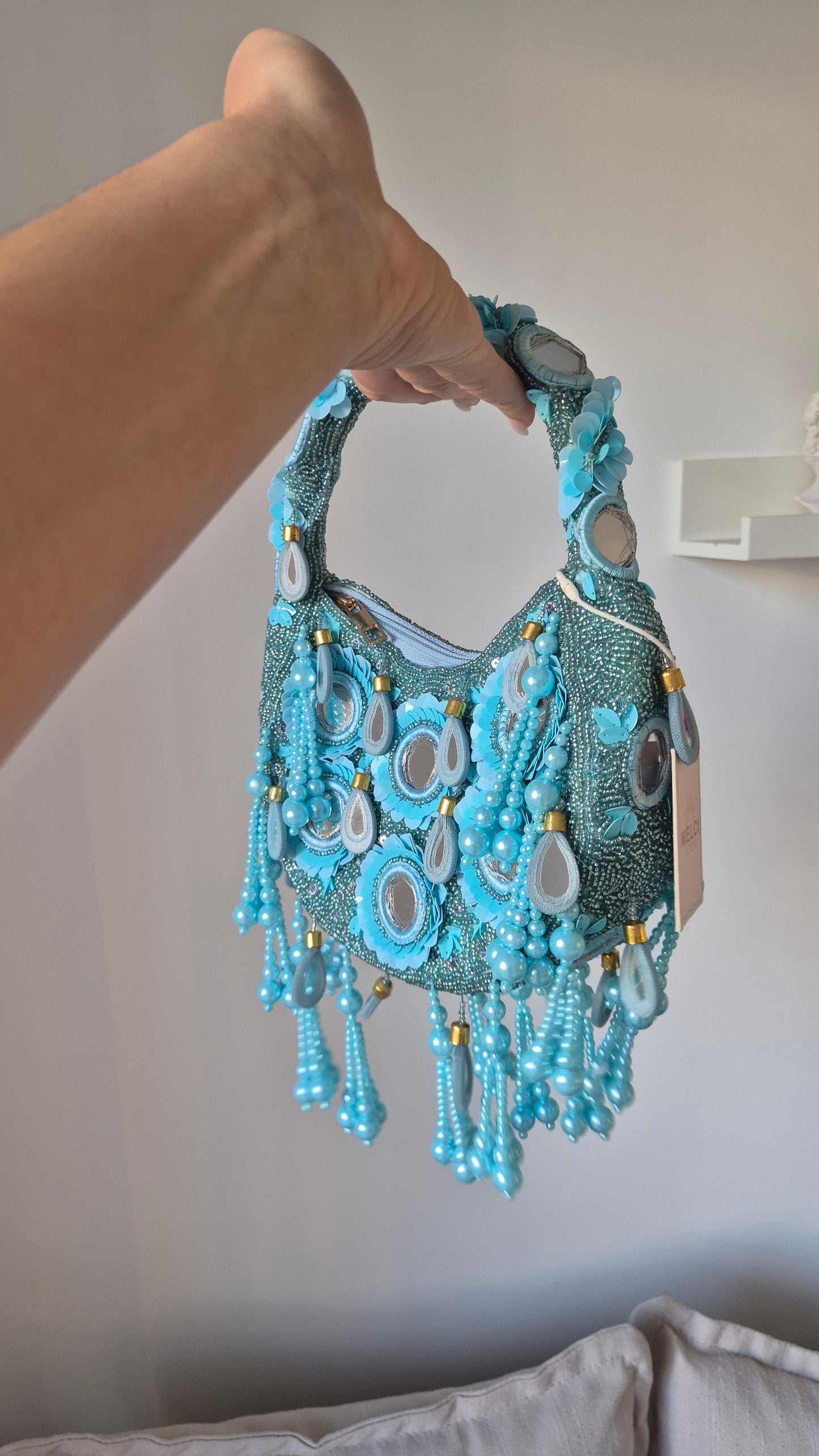 Handbag Mirror Tassel Embellished Bag Aqua