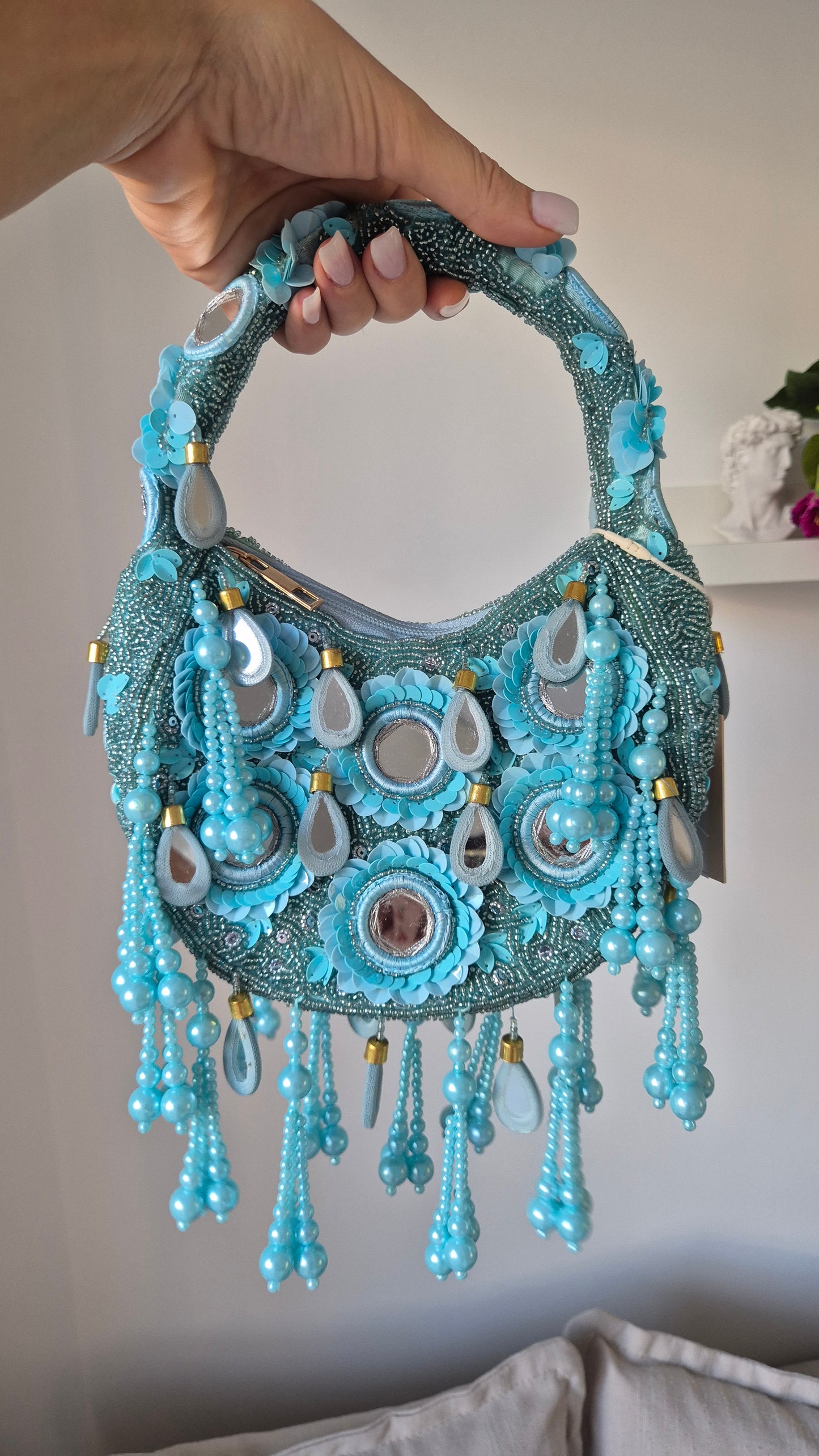 Handbag Mirror Tassel Embellished Bag Aqua
