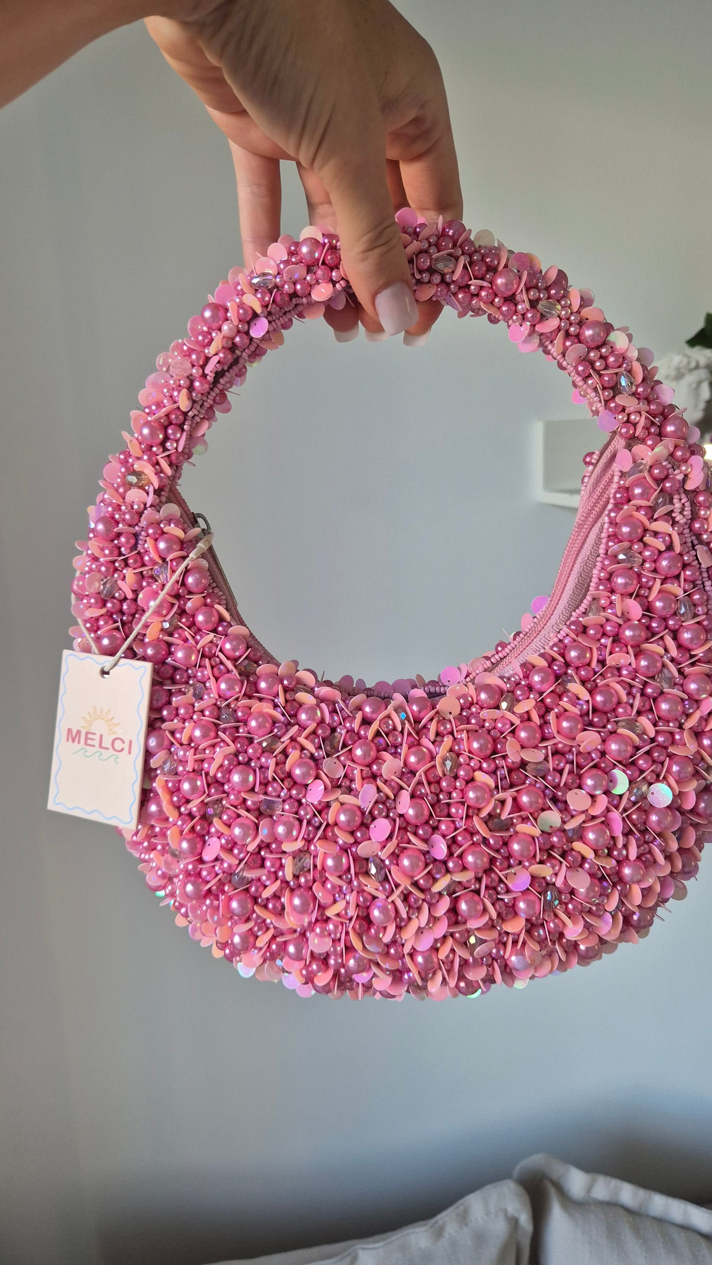 Handbag Moon Heavily Embellished Bag Pink