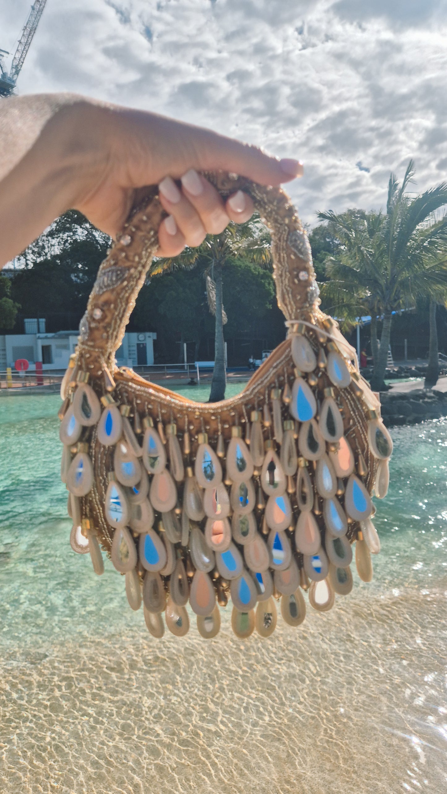 Handbag Mirror Moon Tassel Embellished Bag Gold