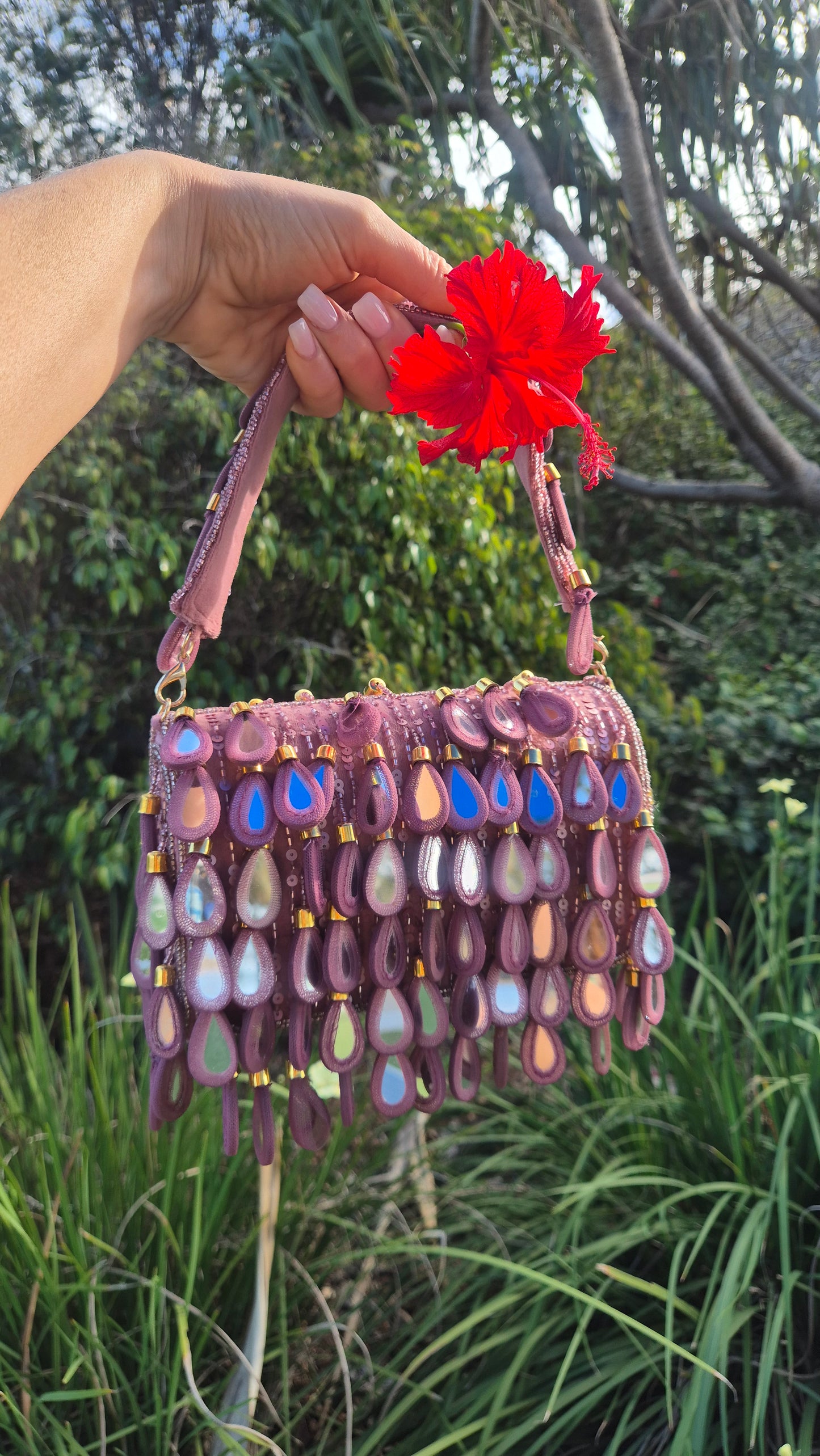 Handbag Mirror Drop Flap Embellished Bag pink