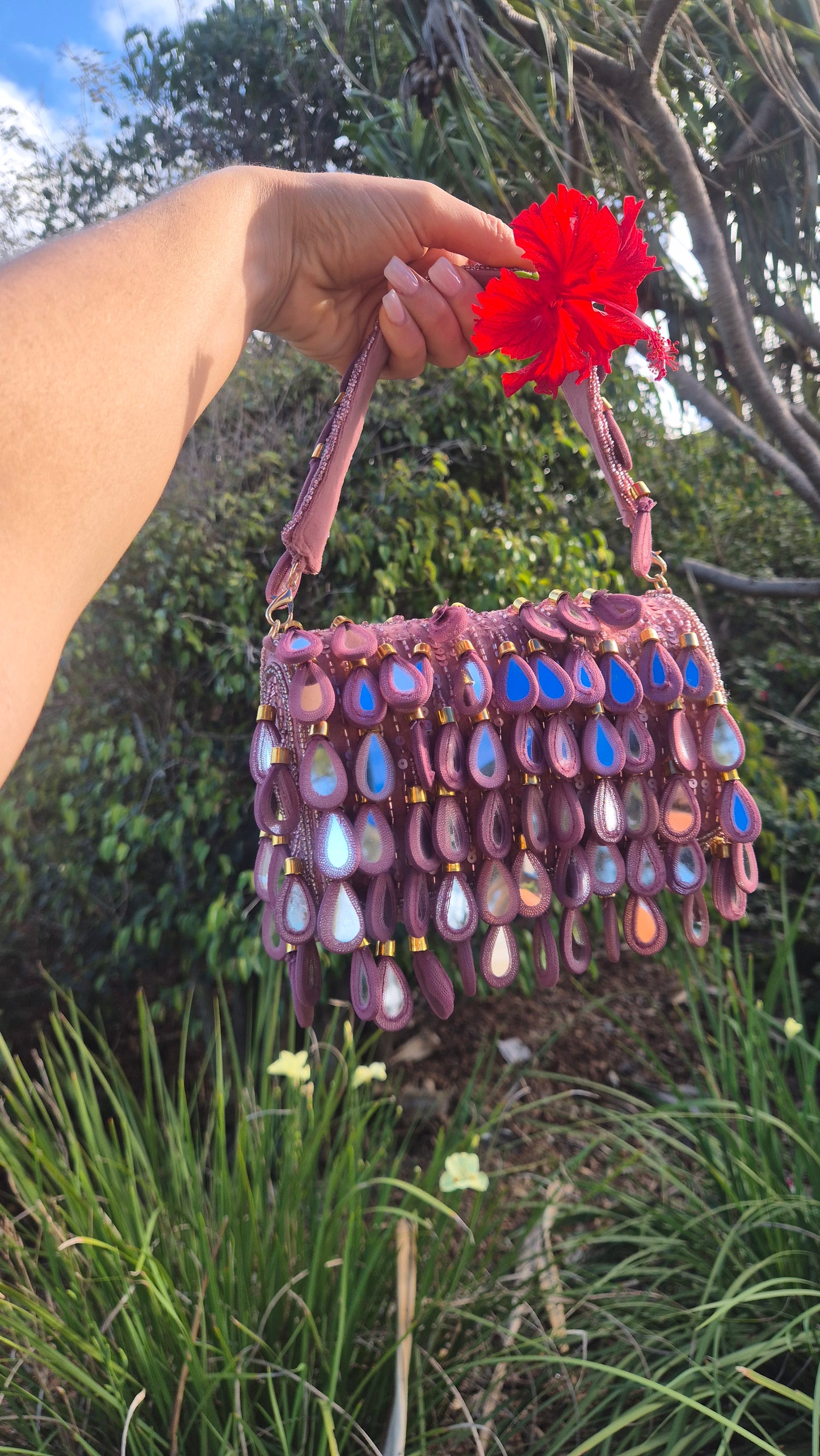 Handbag Mirror Drop Flap Embellished Bag pink