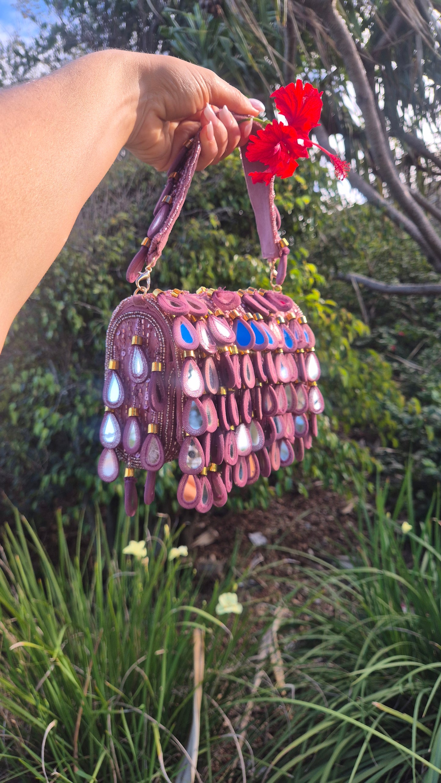 Handbag Mirror Drop Flap Embellished Bag pink