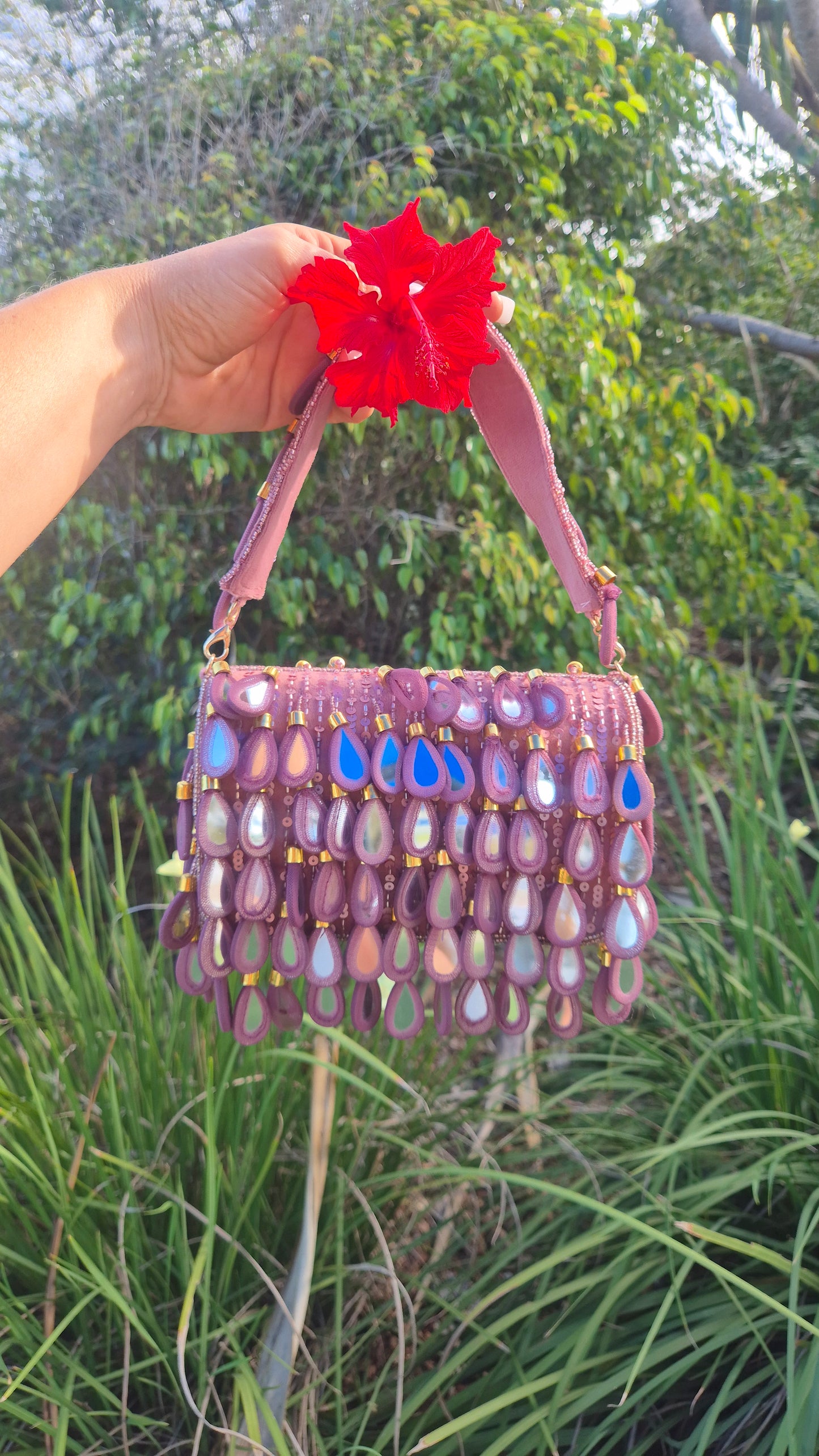 Handbag Mirror Drop Flap Embellished Bag pink