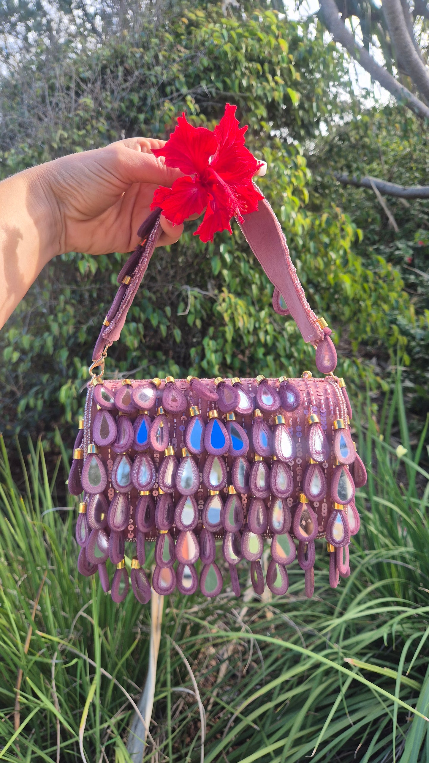 Handbag Mirror Drop Flap Embellished Bag pink
