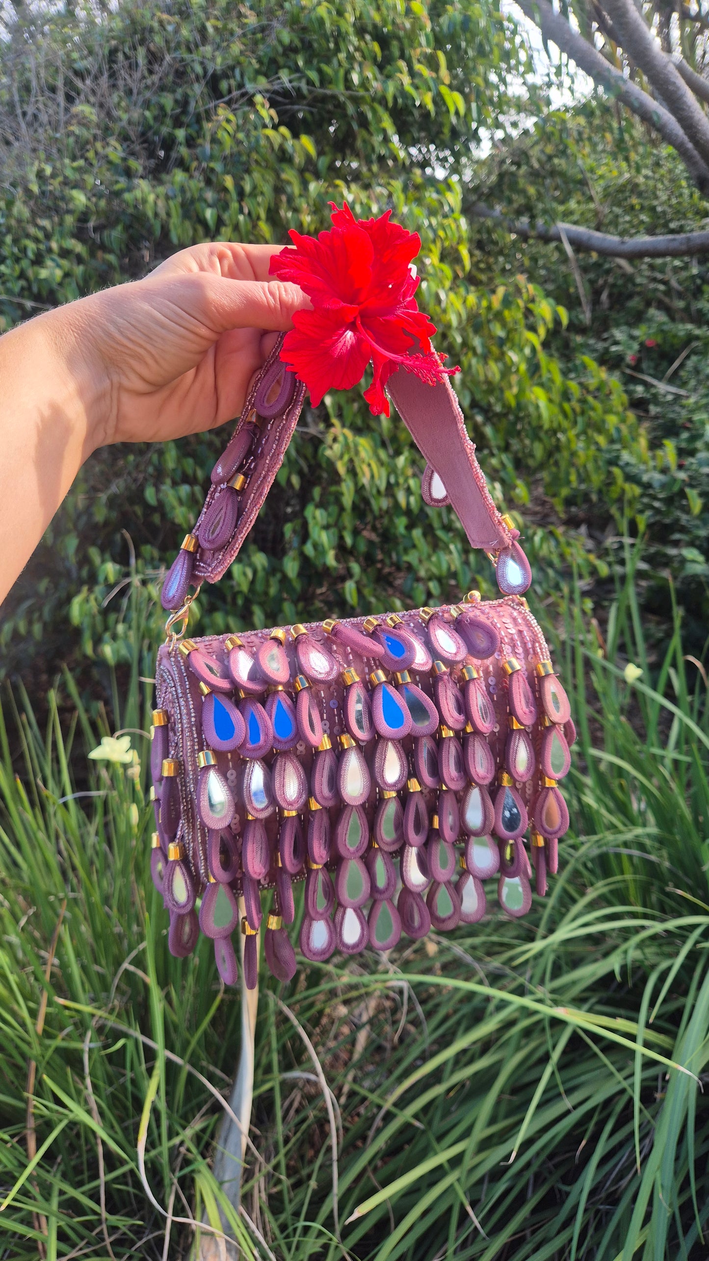 Handbag Mirror Drop Flap Embellished Bag pink