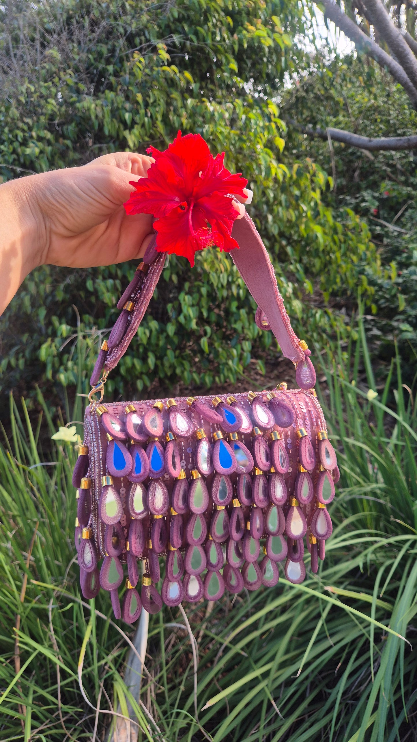Handbag Mirror Drop Flap Embellished Bag pink