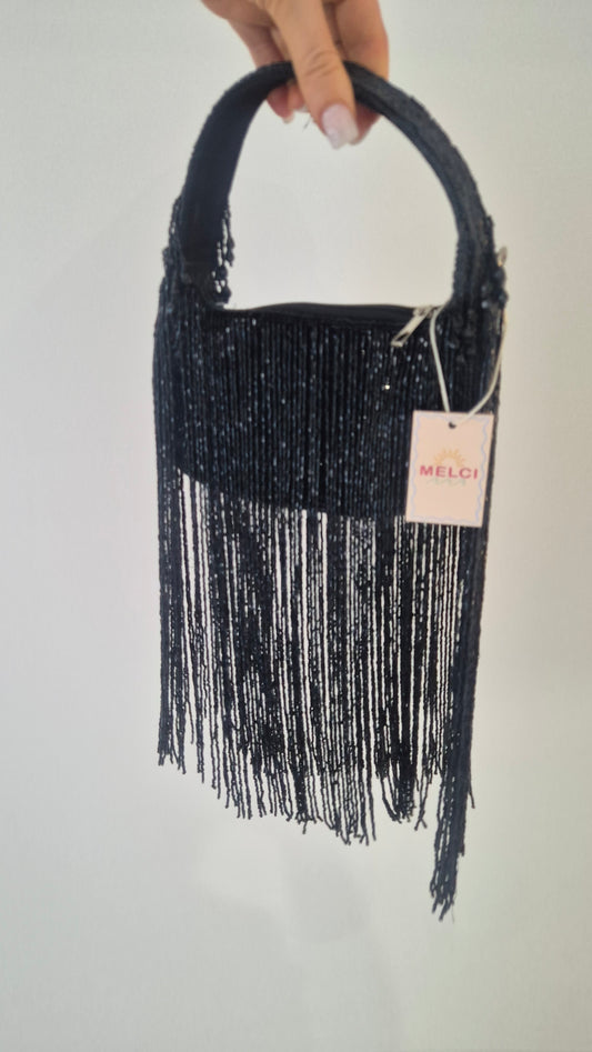 Rodeo Handbag Black Tassels Statement Underarm Beaded Bag
