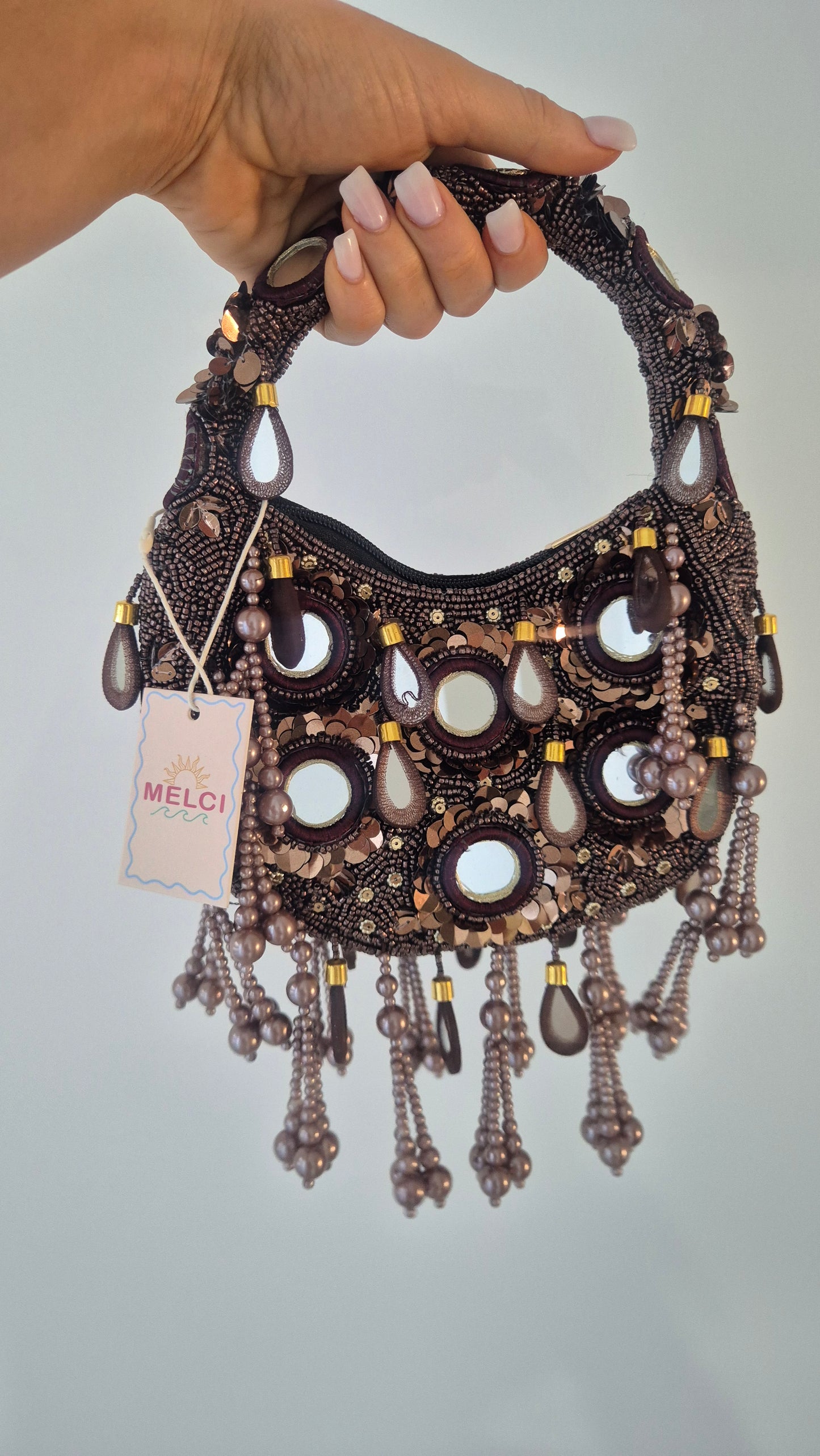 Handbag Mirror Tassle Embellished Bag Choc (Copy)