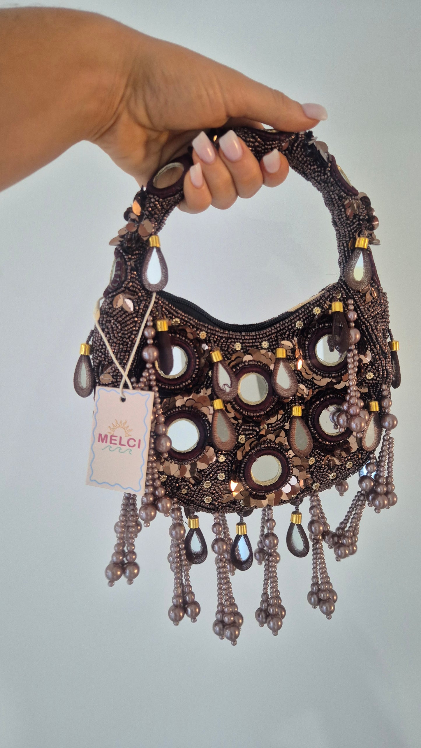 Handbag Mirror Tassle Embellished Bag Choc (Copy)