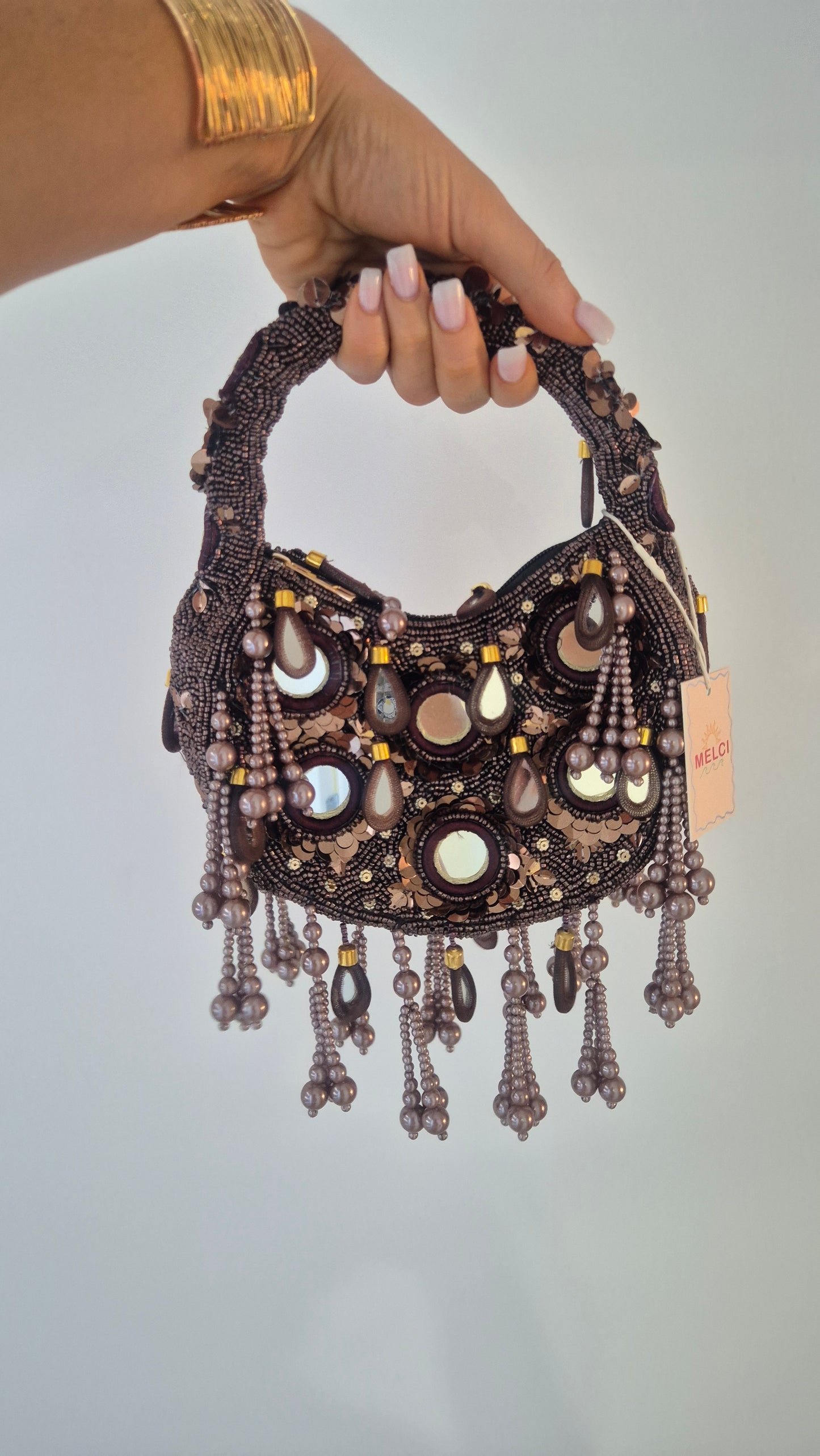 Handbag Mirror Tassle Embellished Bag Choc (Copy)