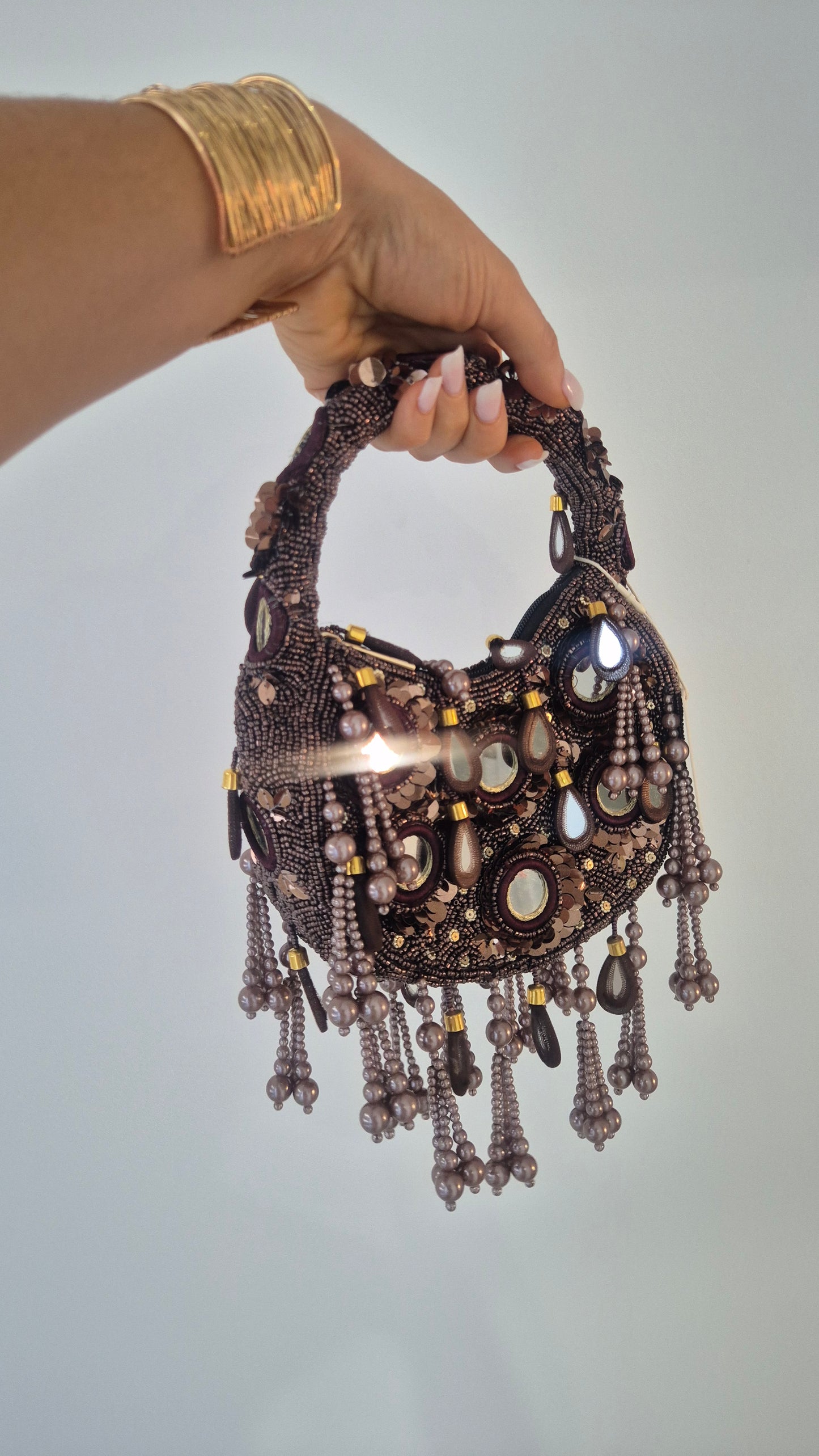 Handbag Mirror Tassle Embellished Bag Choc (Copy)