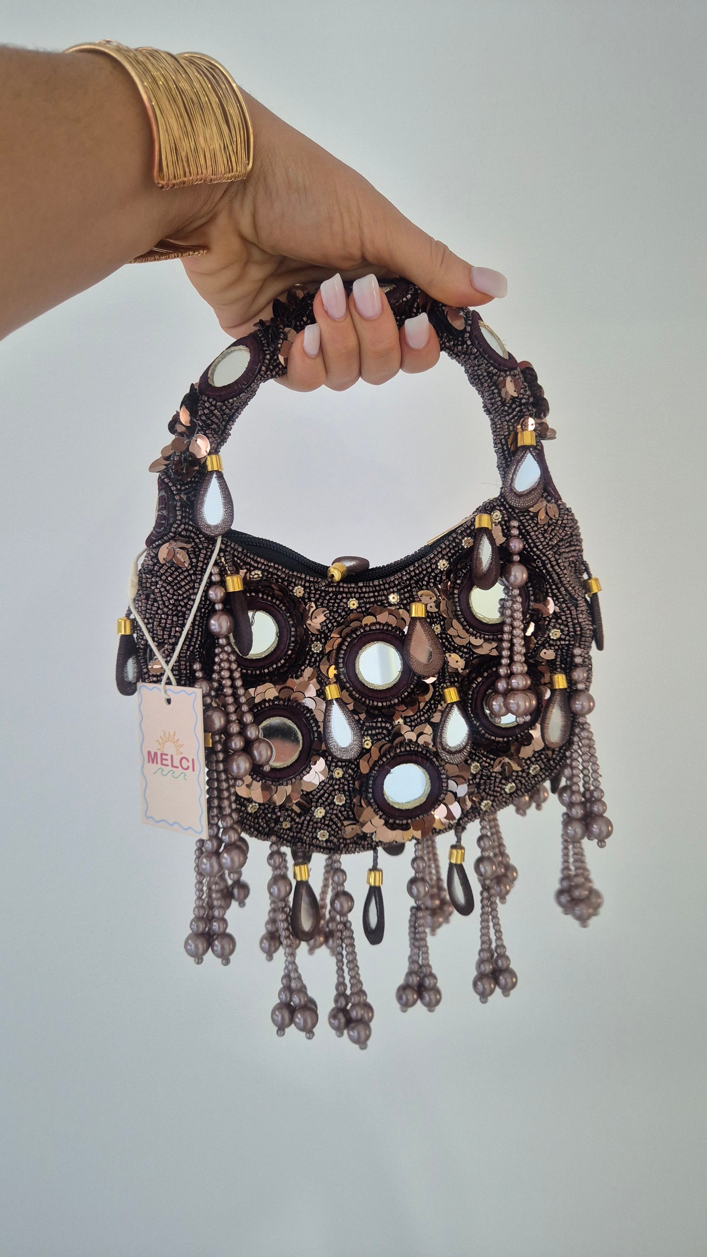 Handbag Mirror Tassle Embellished Bag Choc (Copy)