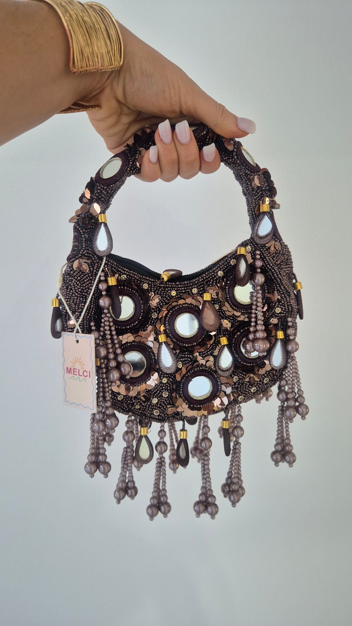 Handbag Mirror Tassle Embellished Bag Choc (Copy)