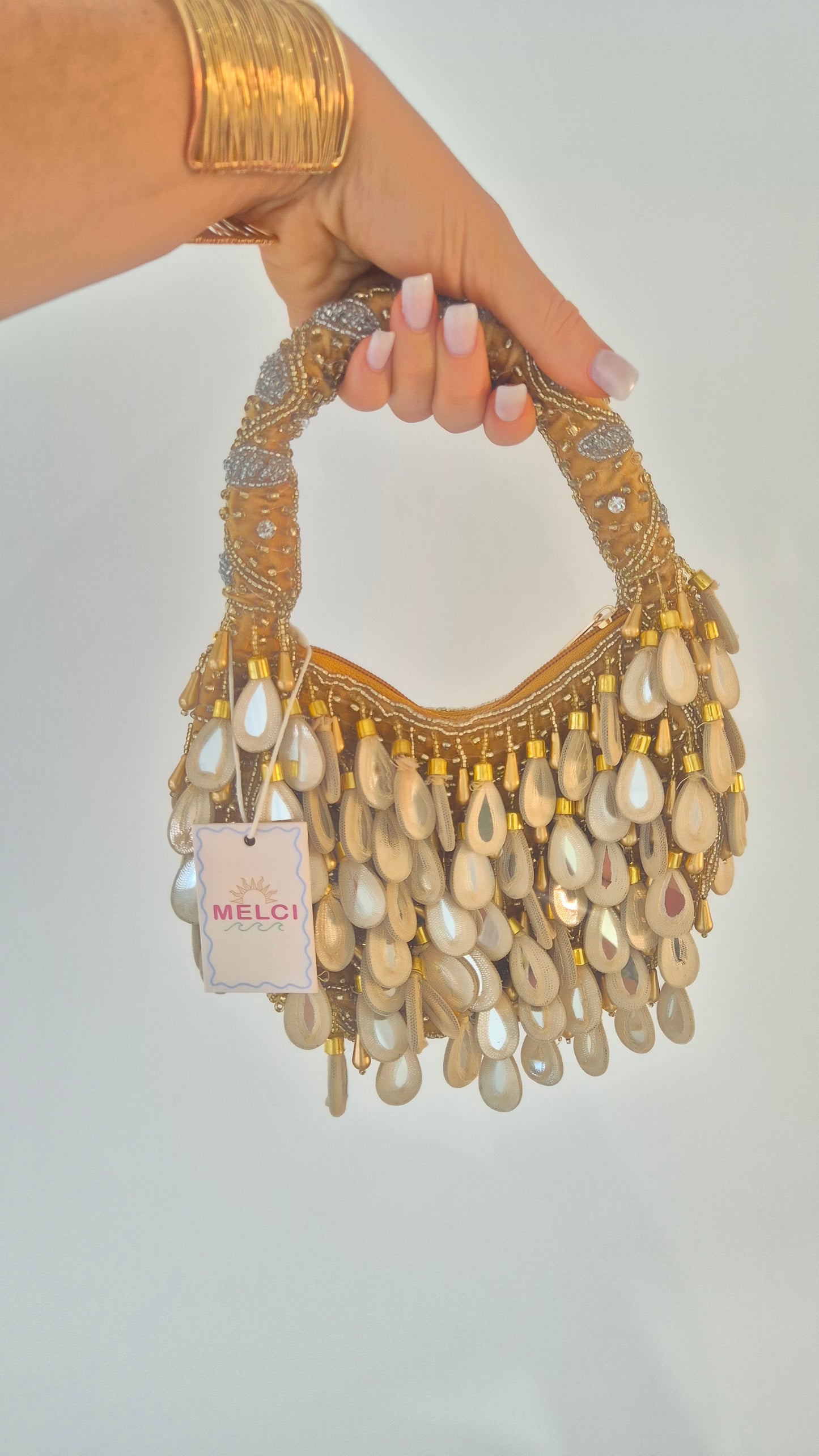 Handbag Mirror Moon Tassel Embellished Bag Gold
