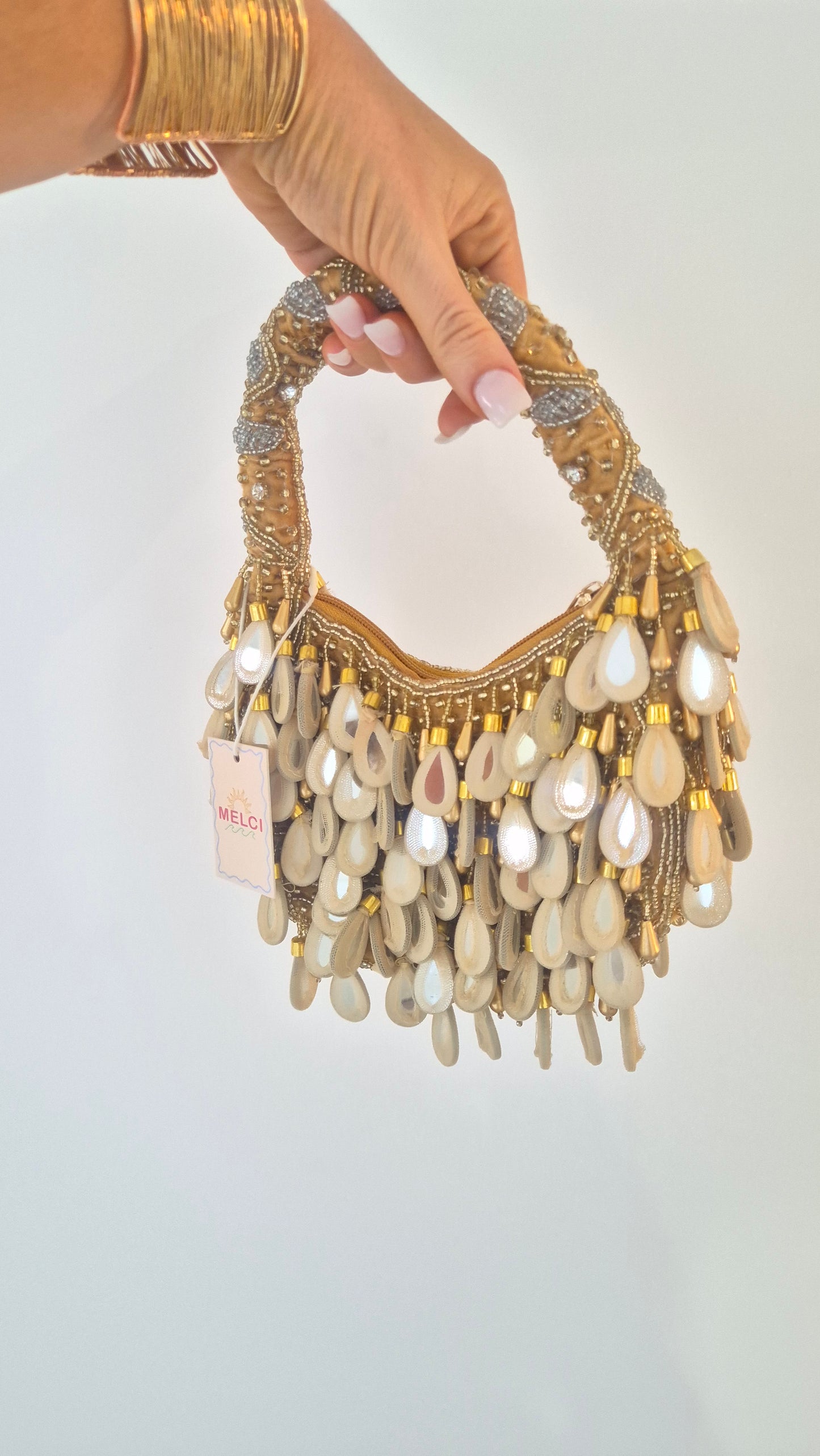 Handbag Mirror Moon Tassel Embellished Bag Gold