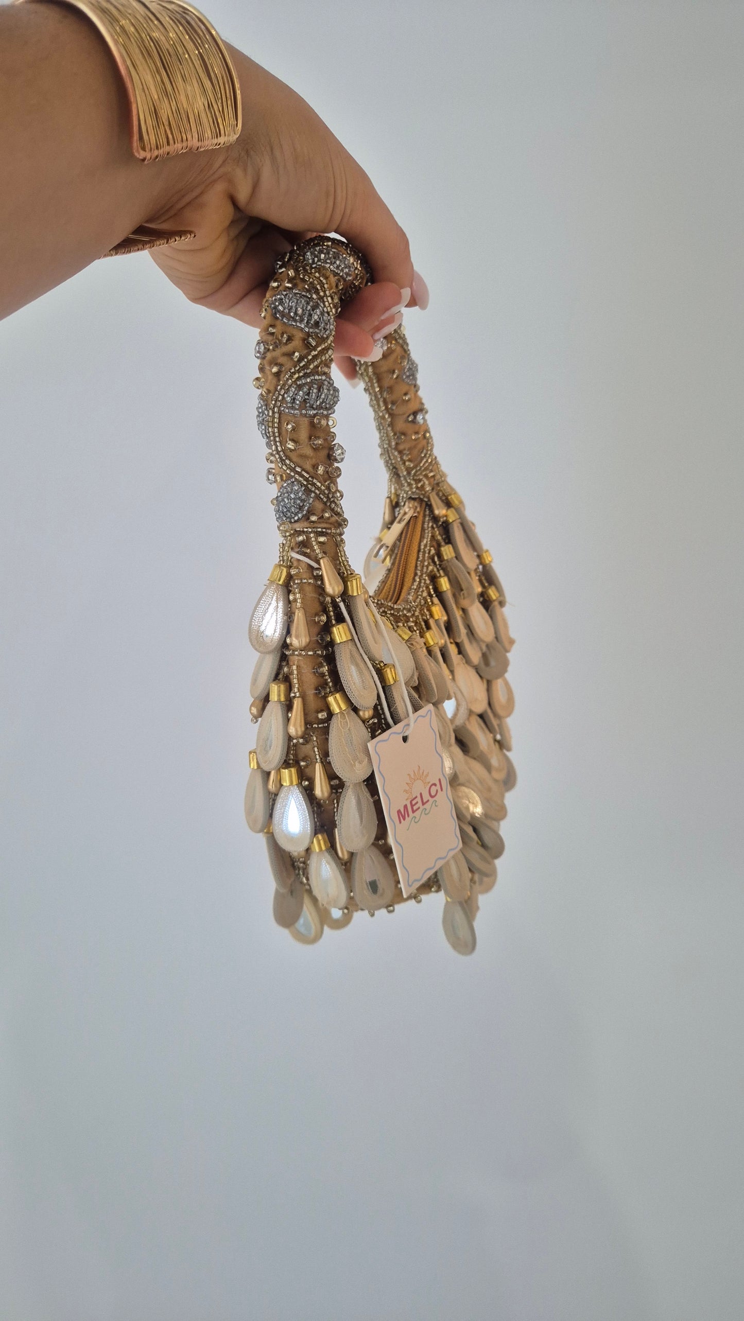 Handbag Mirror Moon Tassel Embellished Bag Gold