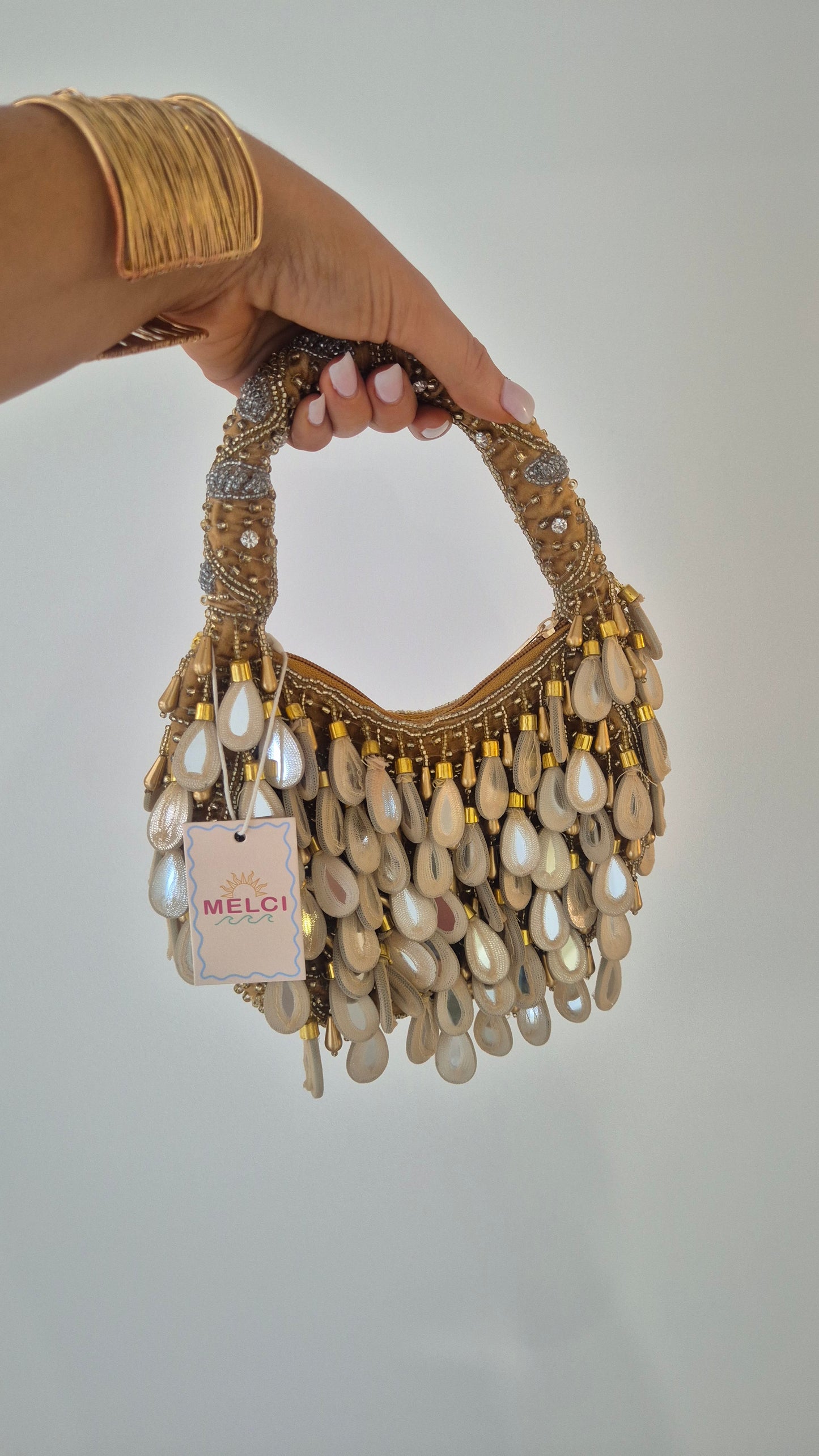 Handbag Mirror Moon Tassel Embellished Bag Gold