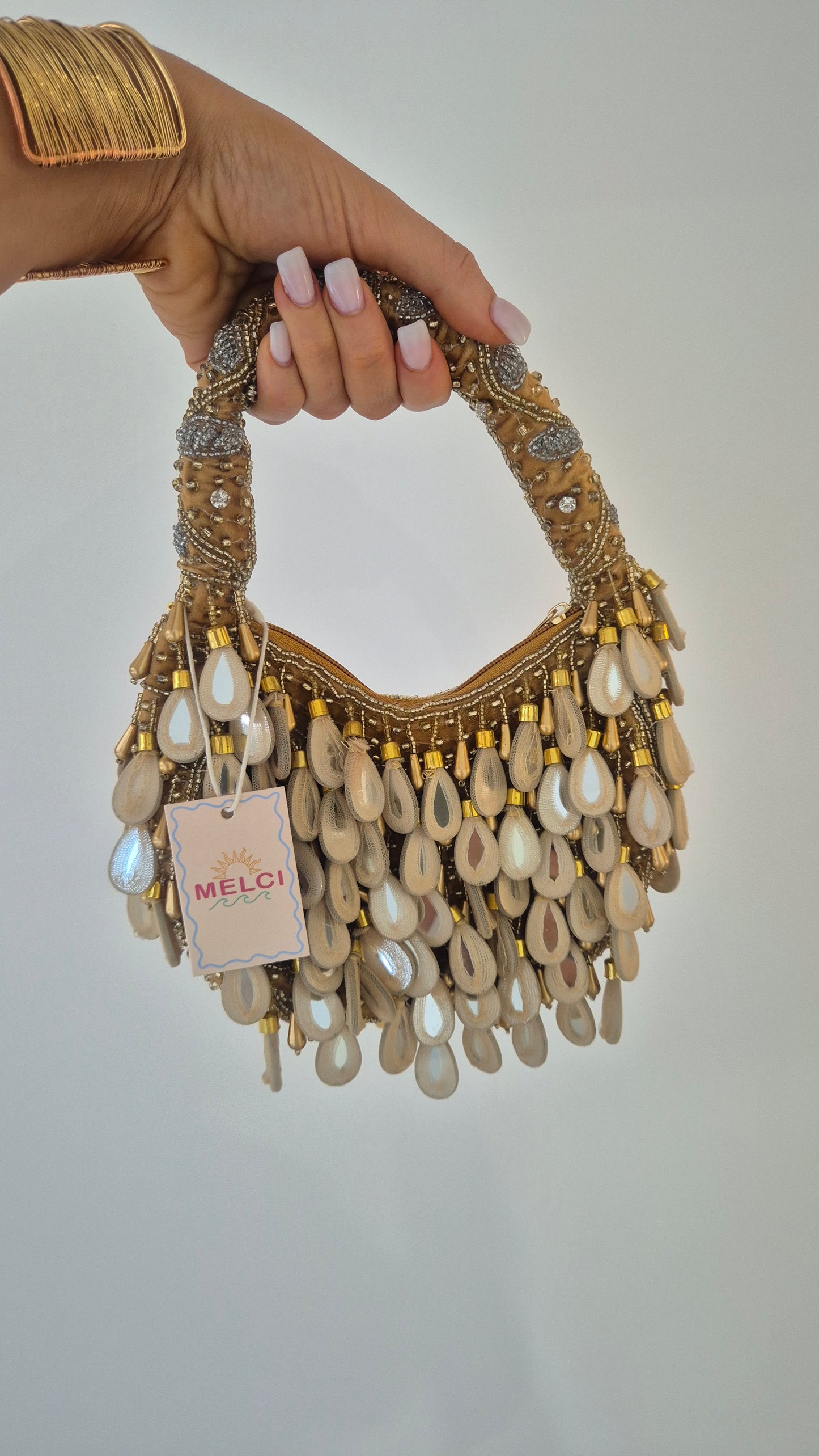 Handbag Mirror Moon Tassel Embellished Bag Gold