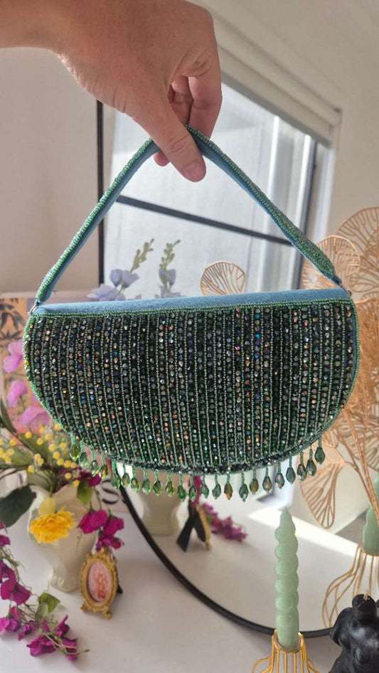 Beaded Handbag in Aqua Green Underarm With Tassles